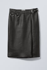 Noir - Jupe mi-longue en cuir synthétique enduit Oda - 0