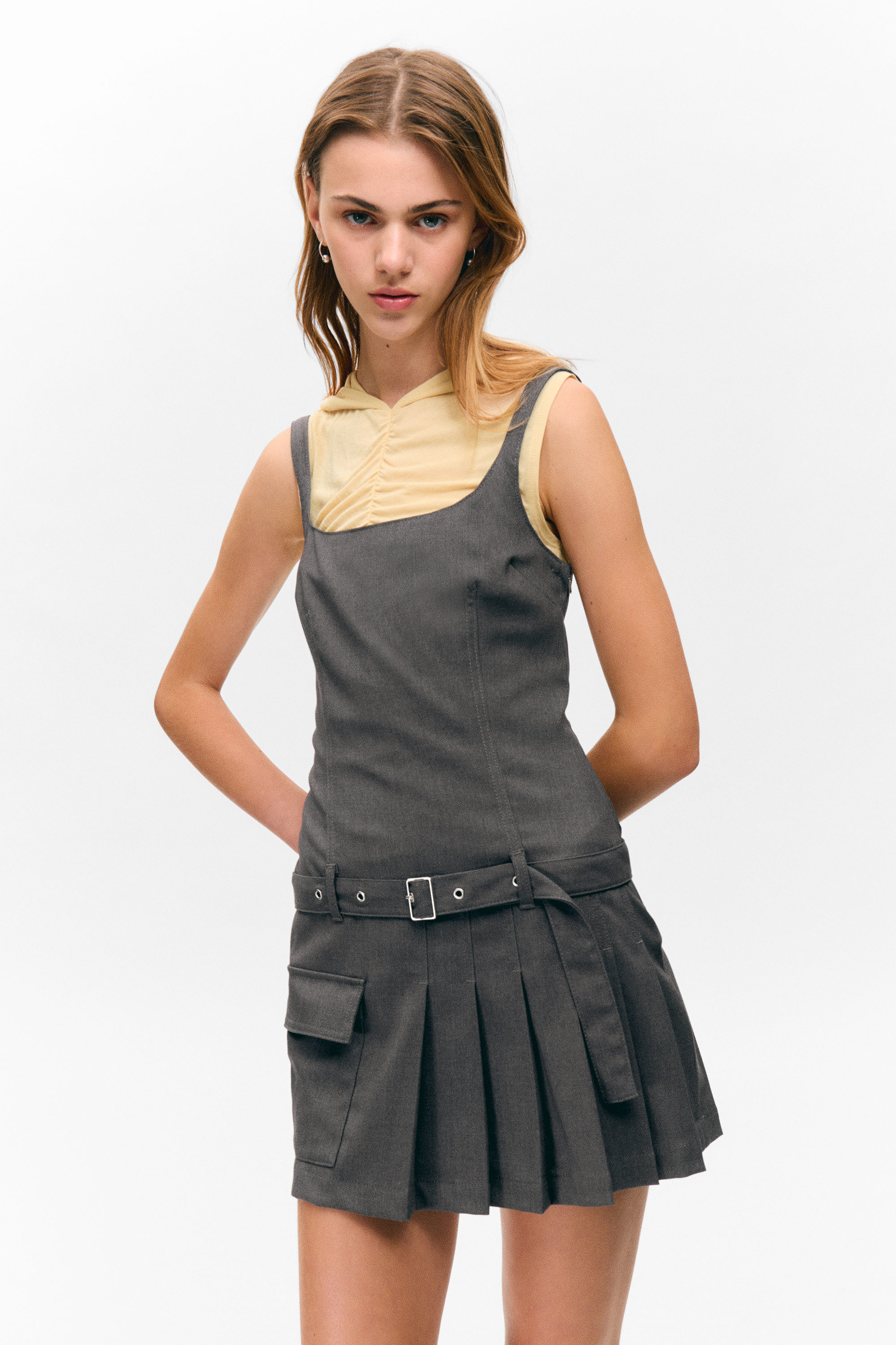 Dark Grey - Belted Pleated Mini Dress - 2