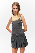 Dark Grey - Belted Pleated Mini Dress - 1