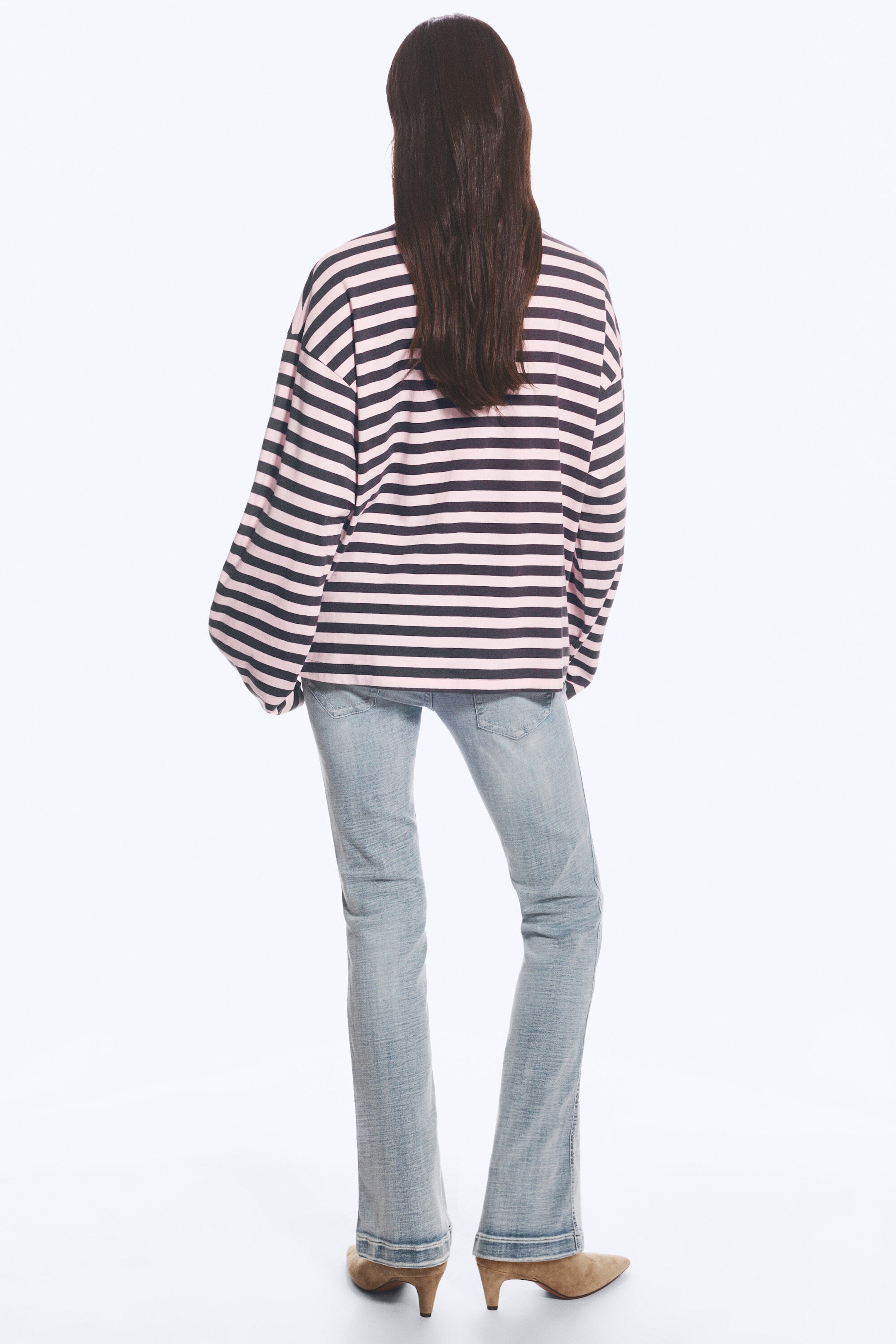 Dark Grey & Light Pink Stripe - Long-Sleeved Cotton T-shirt - 3