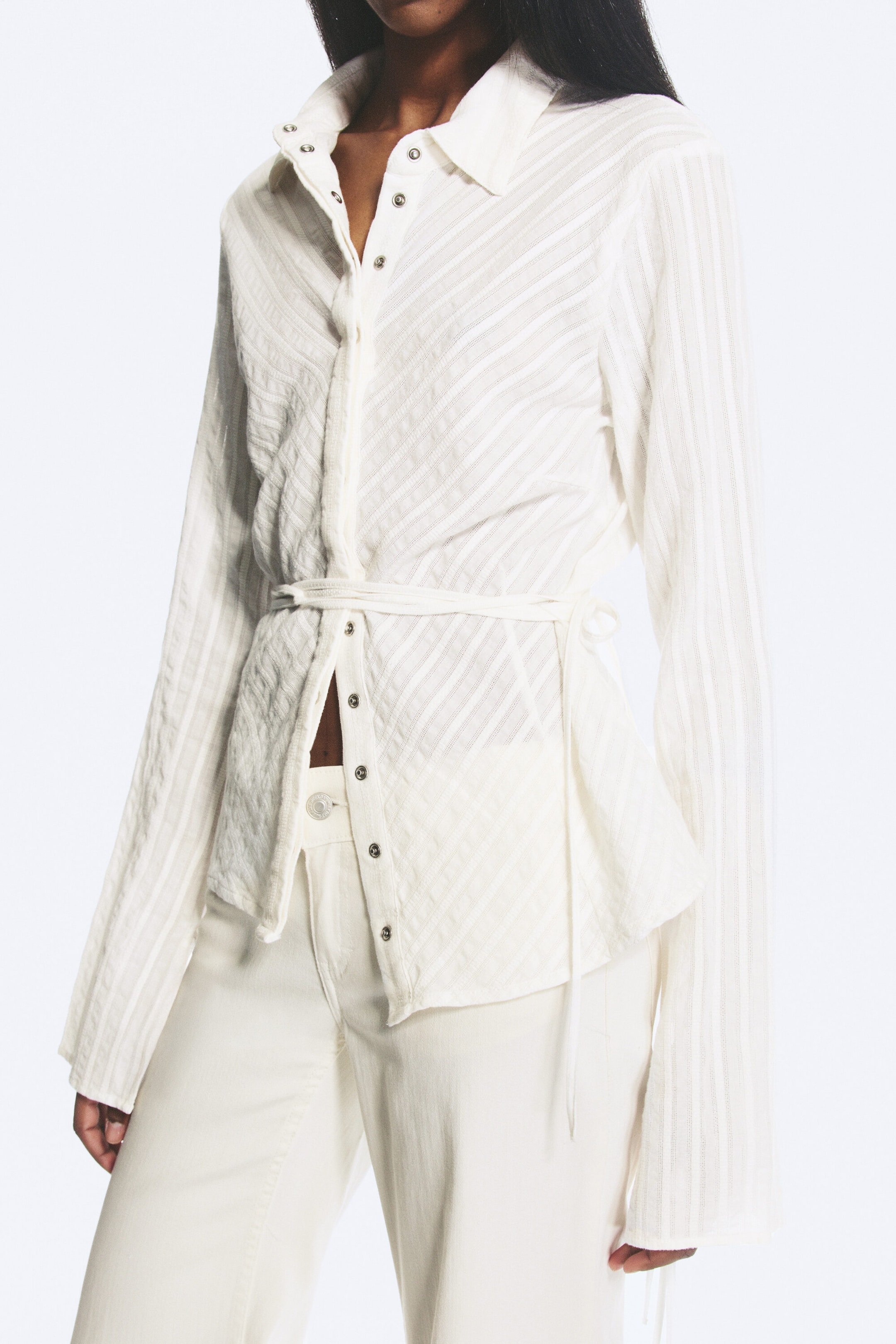Striped White - Tie‑Detail Cotton Shirt - 2