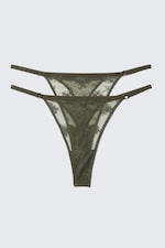 Dark Khaki Green - 2-pack Sheer Lace Tanga Thongs - 0