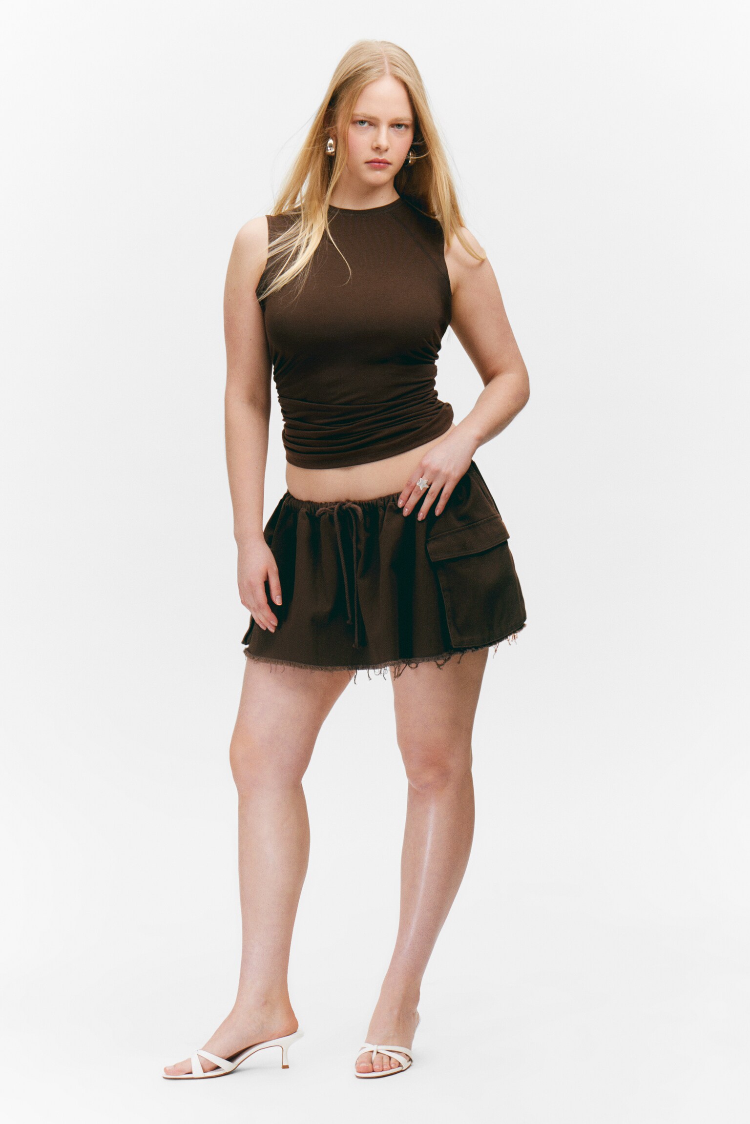 Utility-minirok van twill - Donkerbruin/Gebroken wit