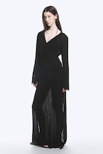 Black - Sheer Long-Sleeved V-neck Maxi Dress - 1