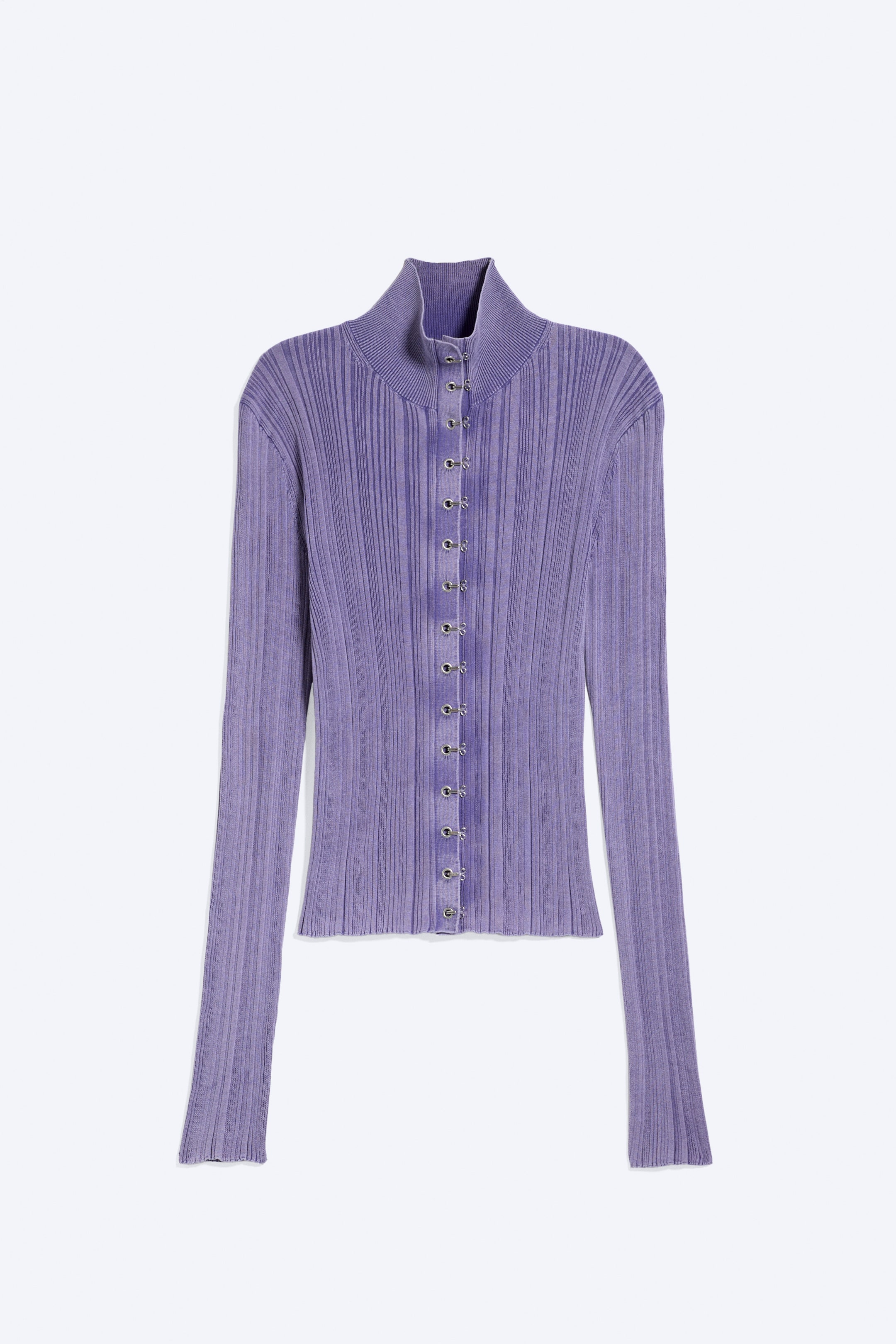 View larger image: A purple ribbed knit top is facing front, featuring a high stand-up collar and long sleeves. It is displaying a ribbed texture throughout and a vertical front fastening with multiple silver-toned hook and eye fasteners.