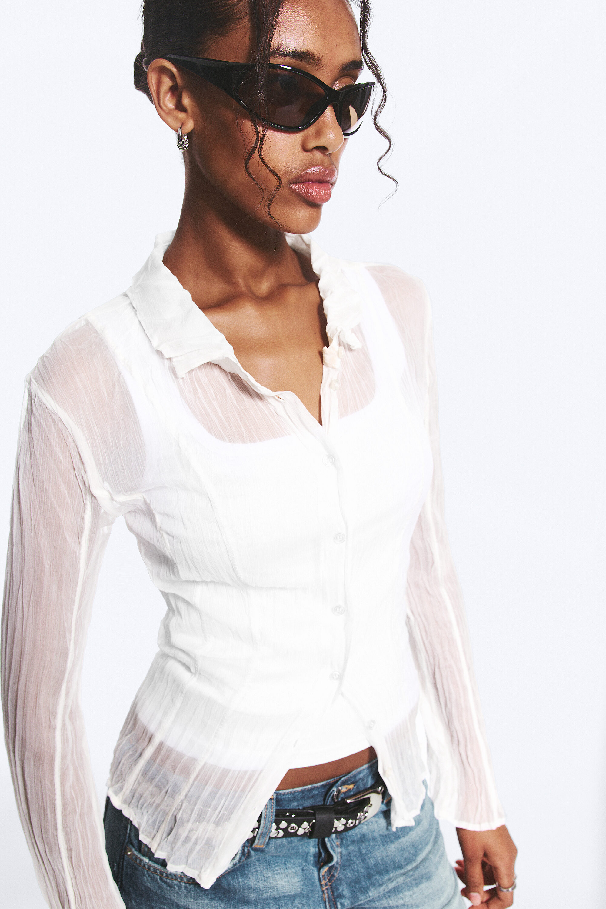 fitted tie-back sheer shirt - Black | Monki WW
