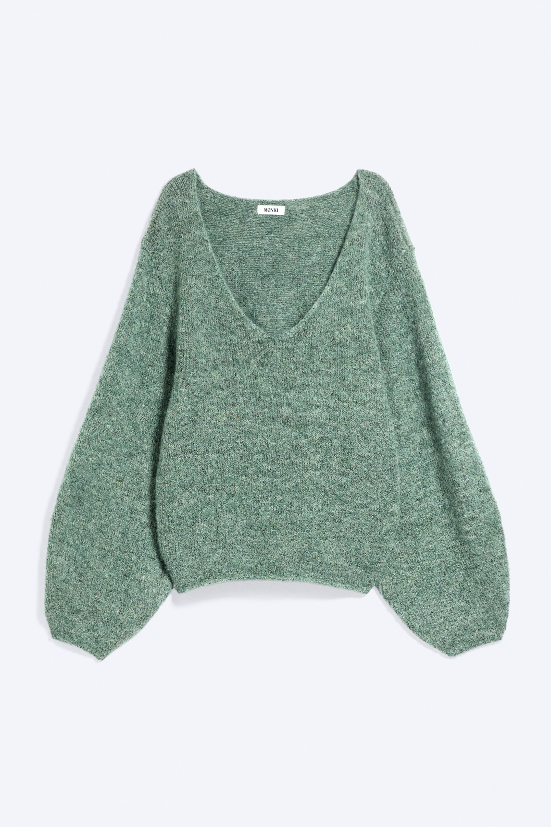 Green Melange - Oversized Knitted V-Neck Sweater - 3