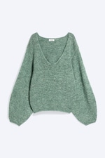 Green Melange - Oversized Knitted V-Neck Sweater - 3