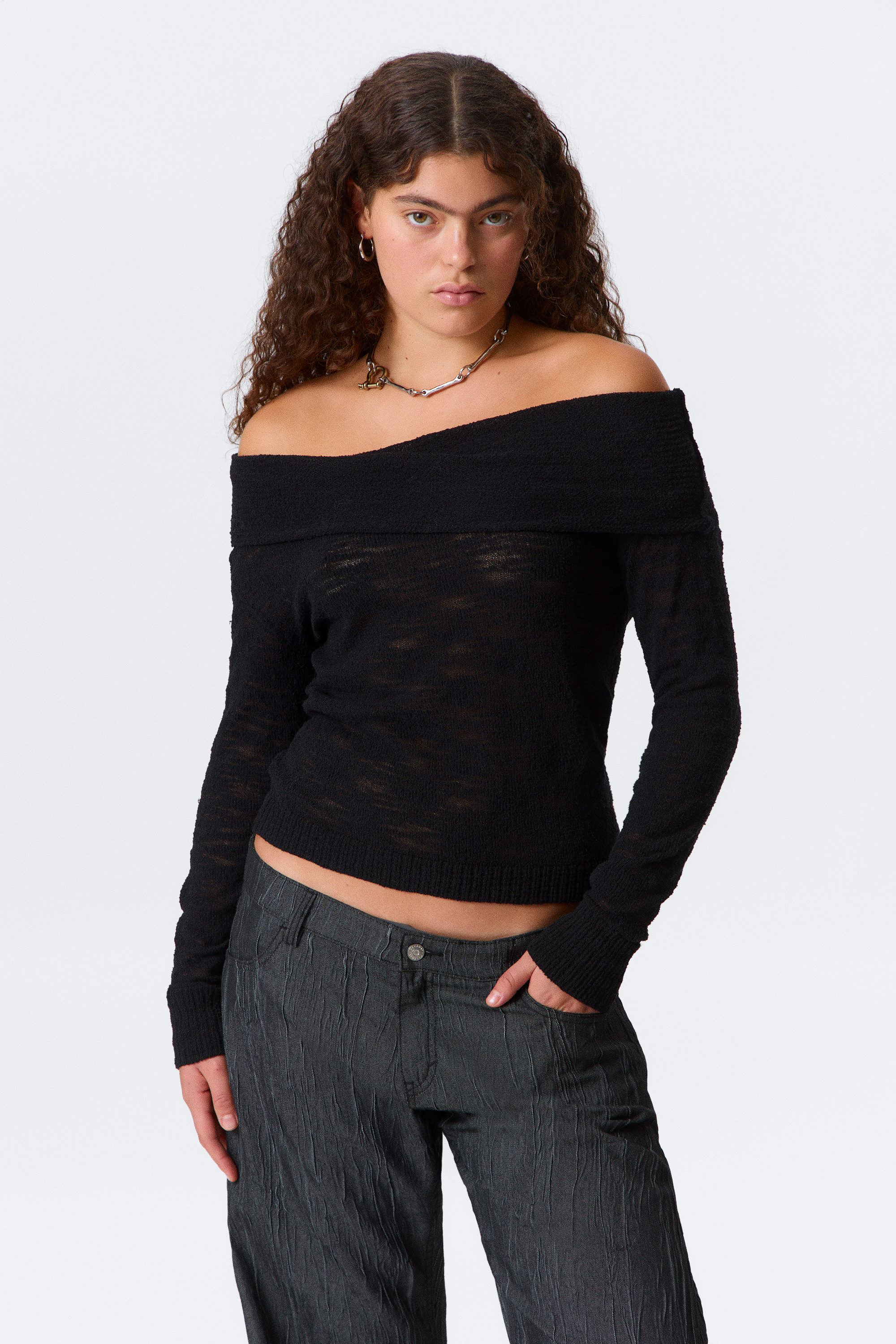 Svart - Stickad off-shoulder tröja - 2