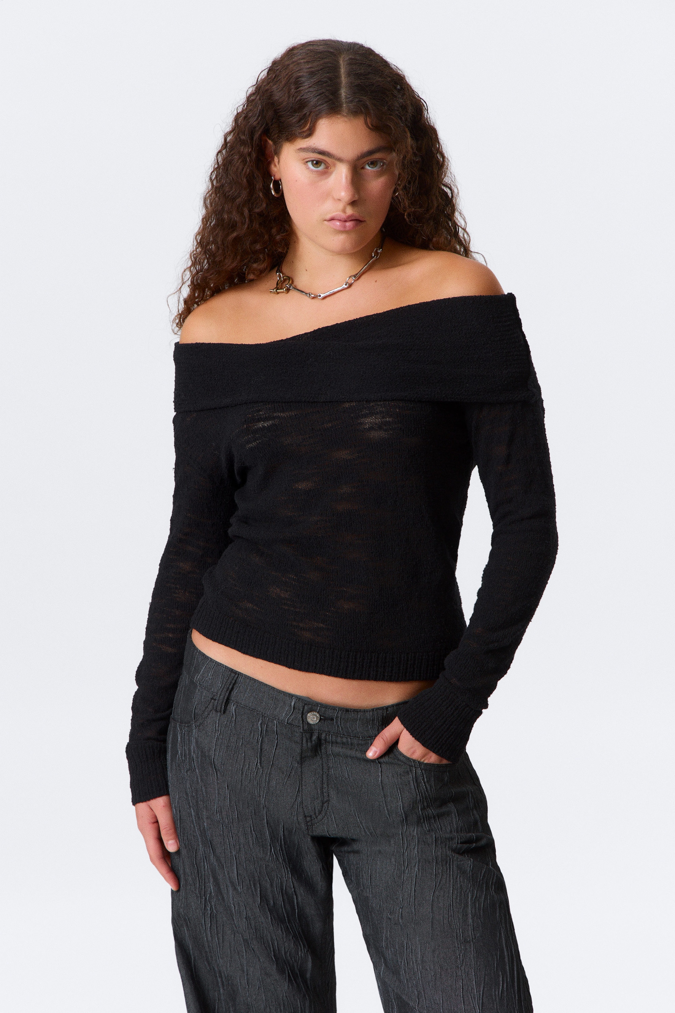 Black - Off-Shoulder Knitted Sweater - 2