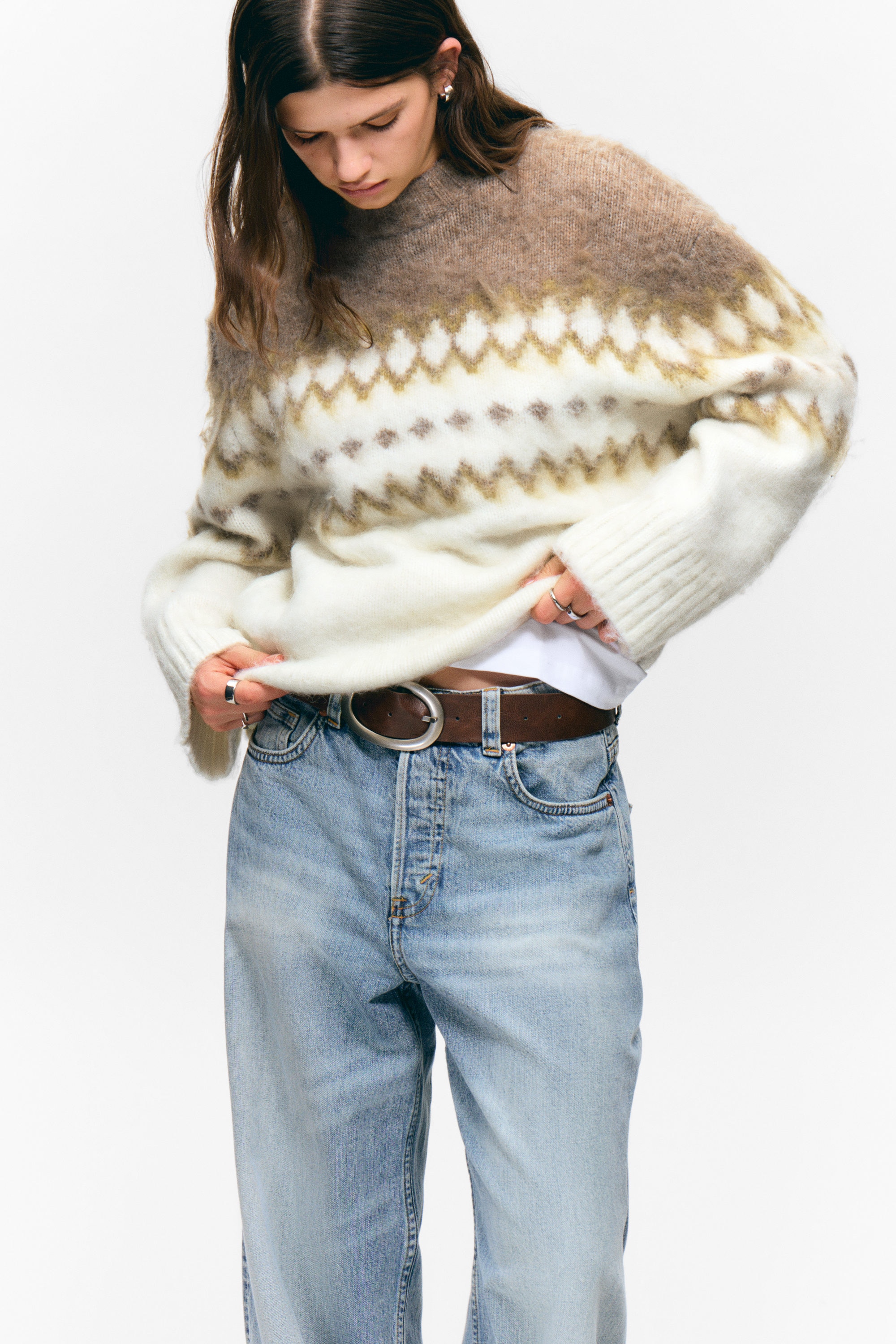 Blanc/beige foncé jacquard - Pull en maille duveteuse coupe décontractée - 2