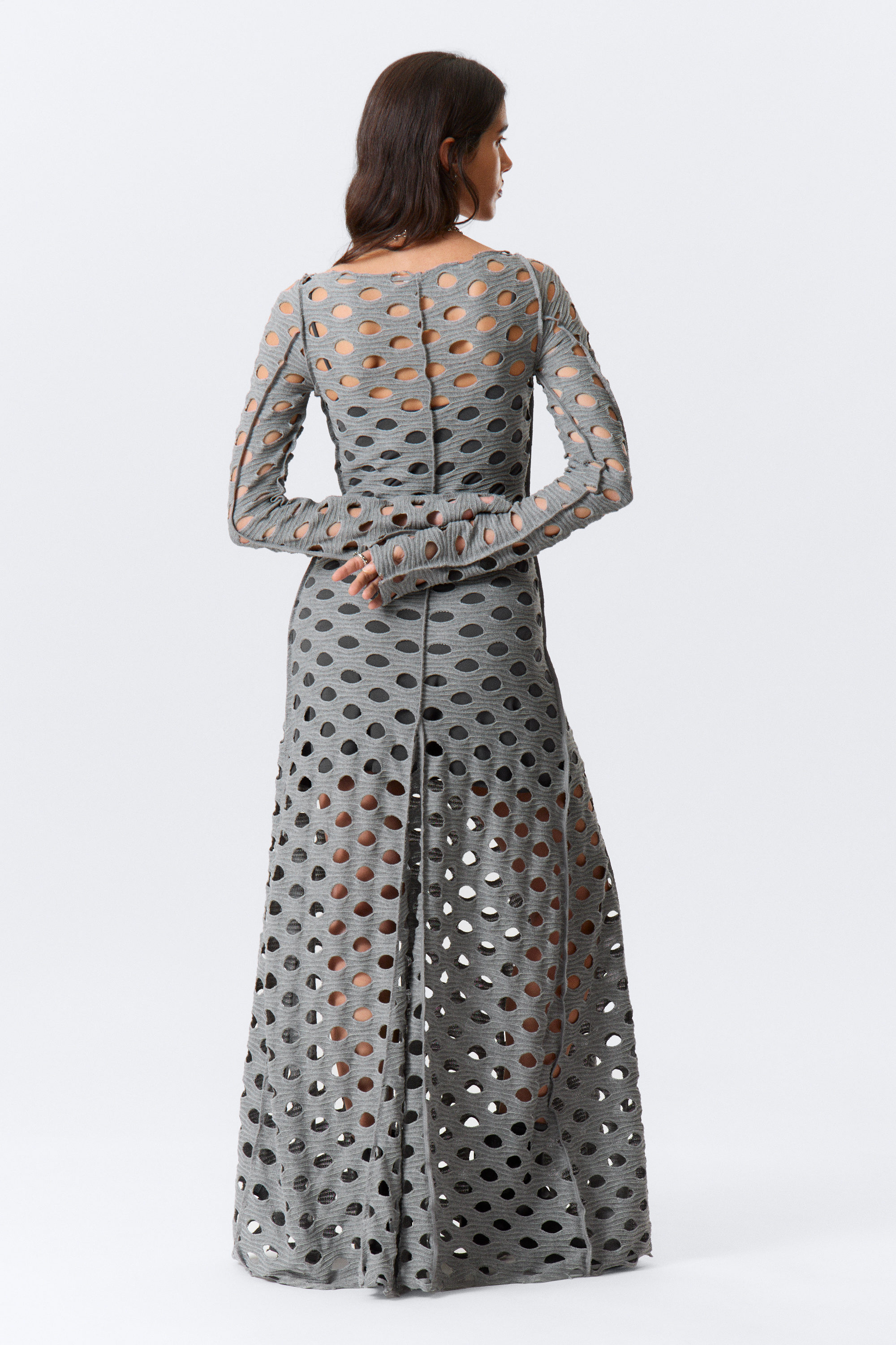 Grey - Long-Sleeved Distressed Maxi Dress - 4