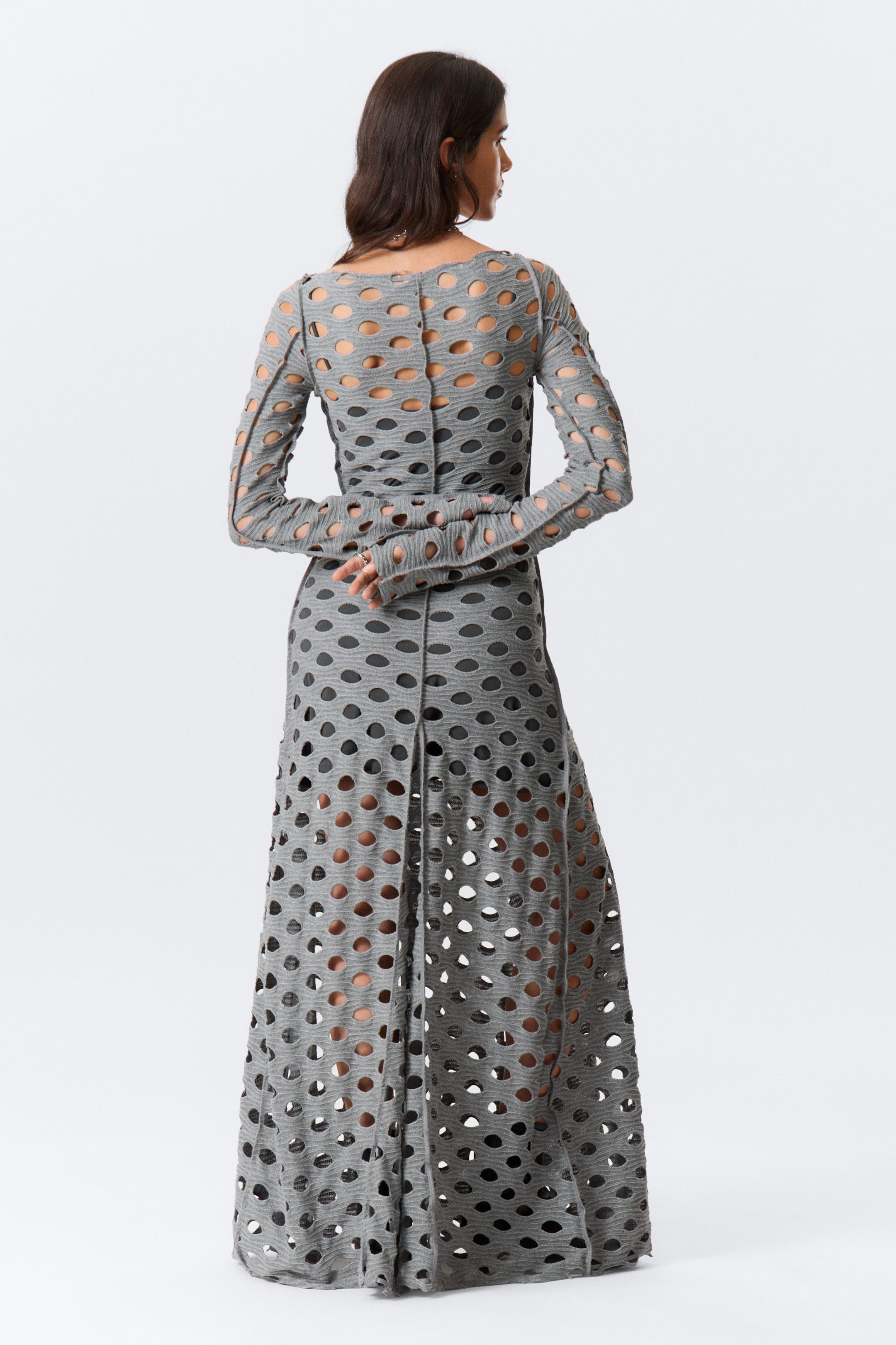 Grey - Long-Sleeved Distressed Maxi Dress - 3