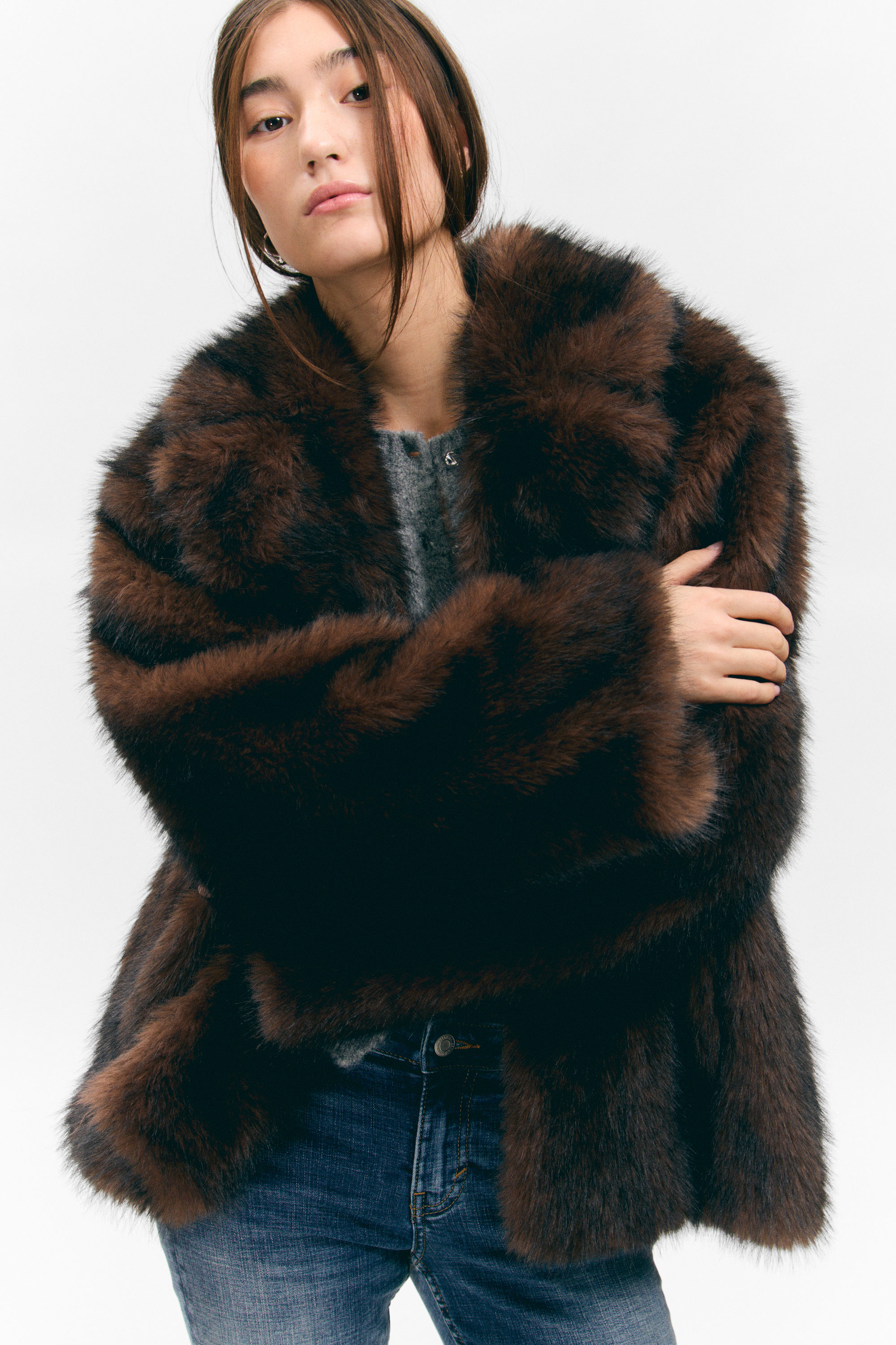 Dark Brown - Faux Fur Jacket - 2