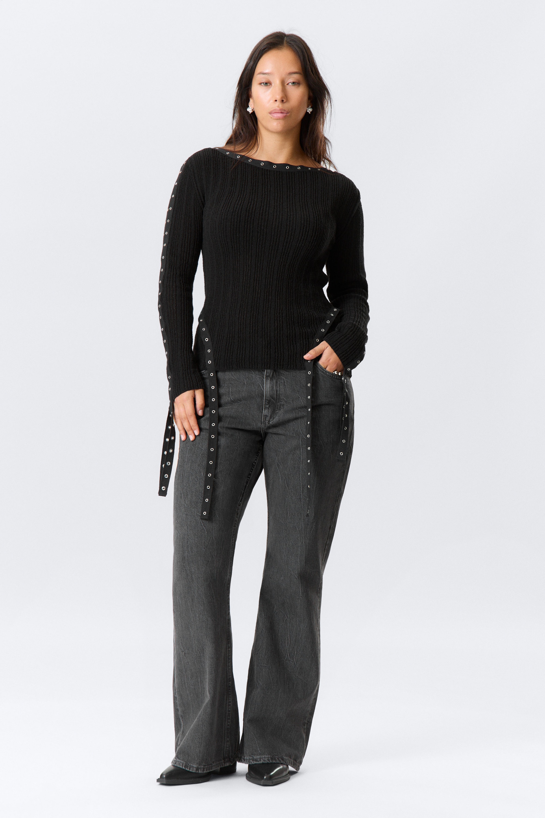 Black - Knitted Eyelet Detail Boat-Neck Top - 2