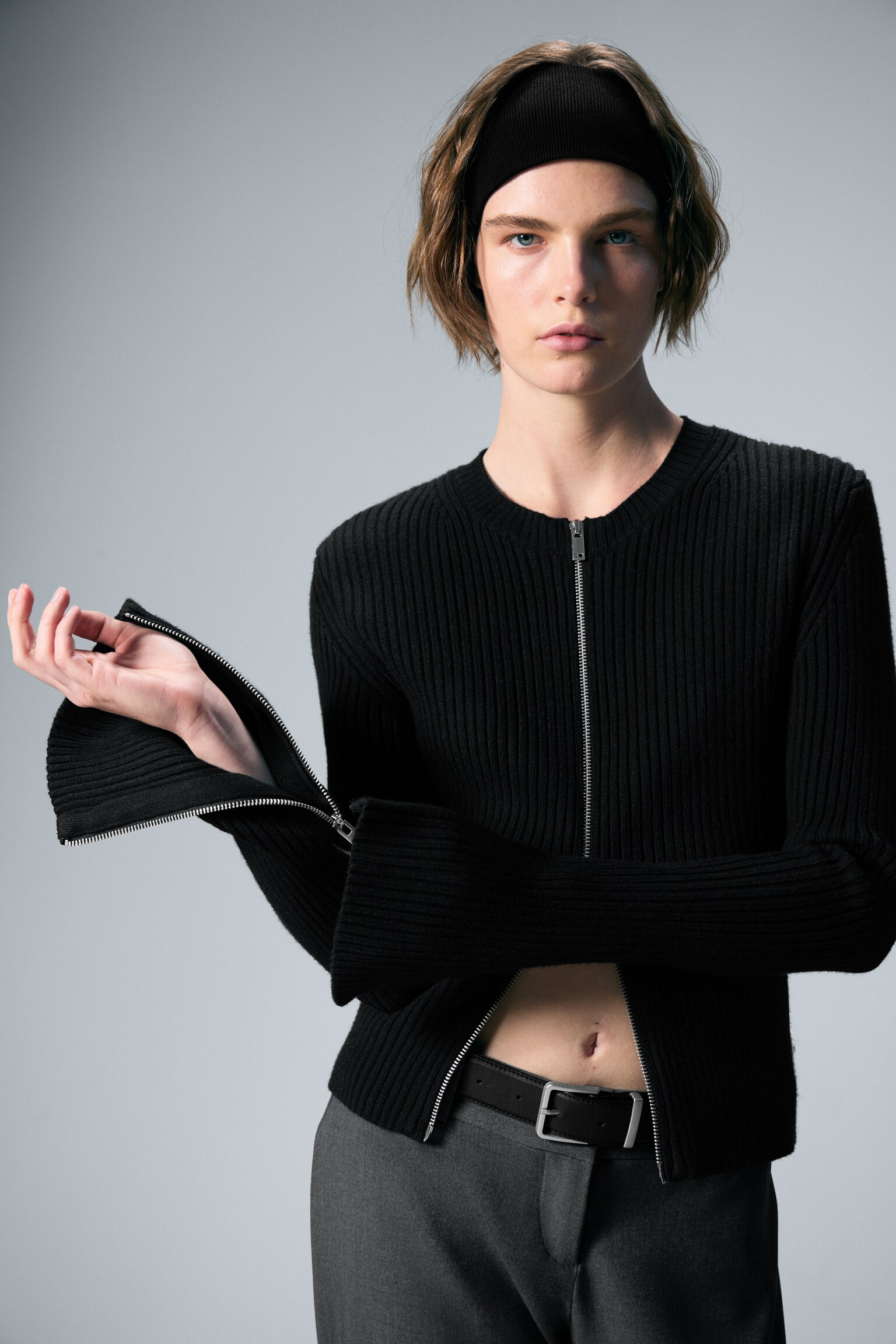 Cardigan mulat cu fermoar și textură în relief - Black - 1