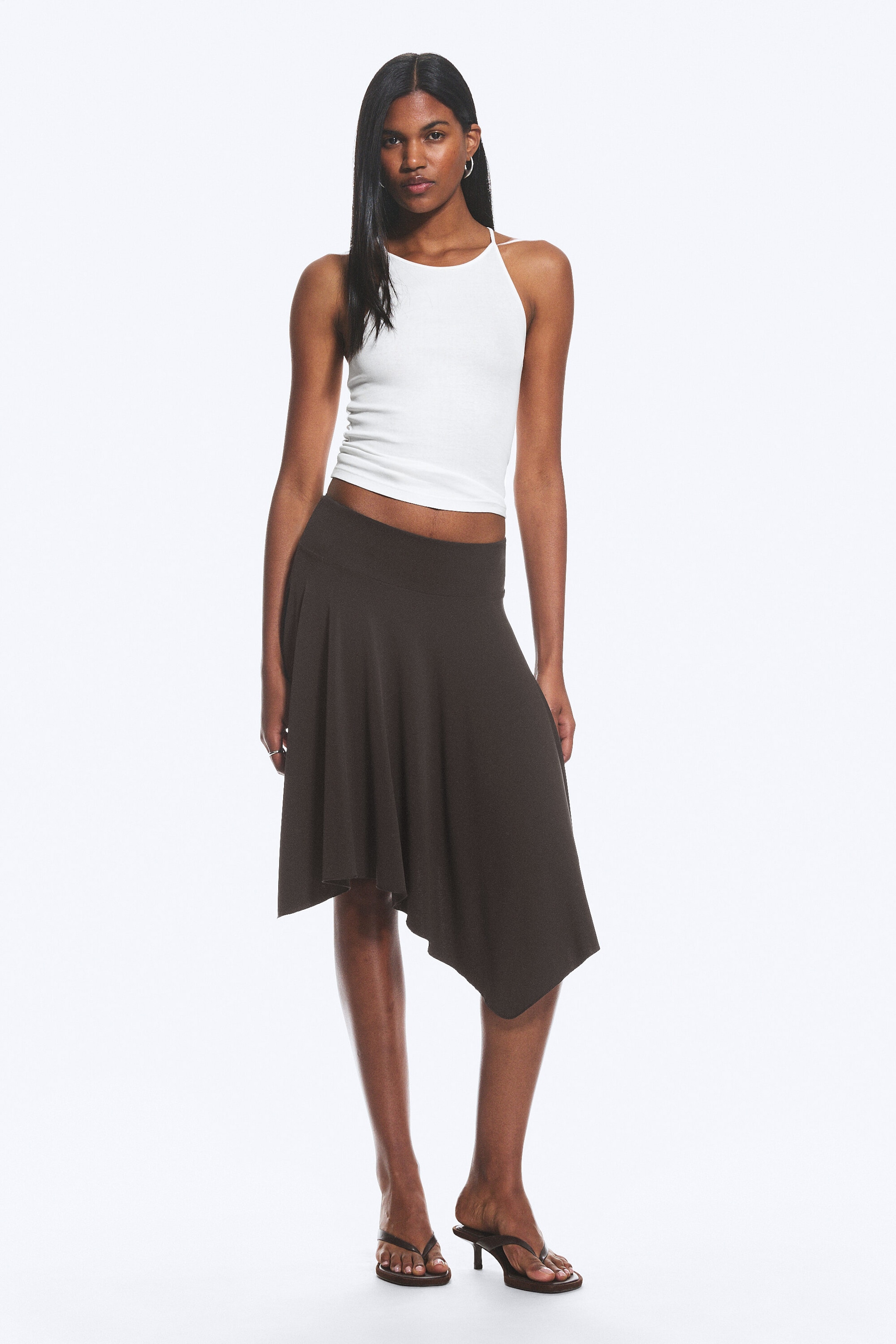 Mörkbrun - Mid waist asymmetrisk kjol i jersey - 1