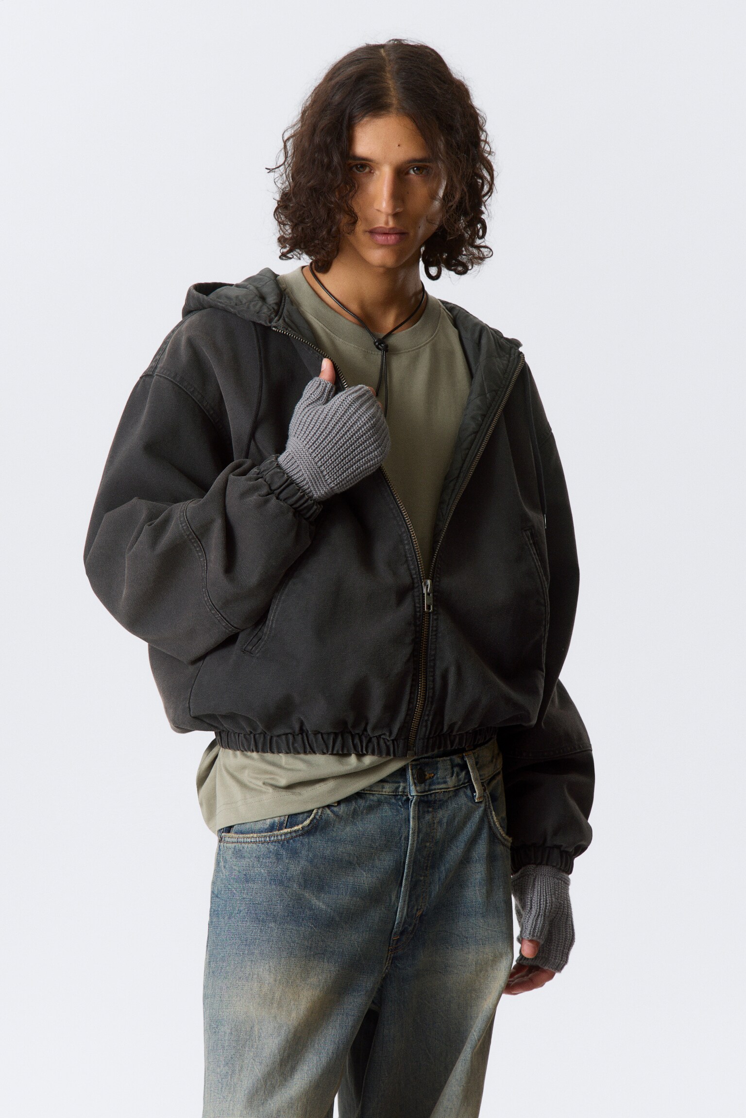 Relaxed Hooded Bomber Jacket - Washed Black/Washed Navy Blue - 8