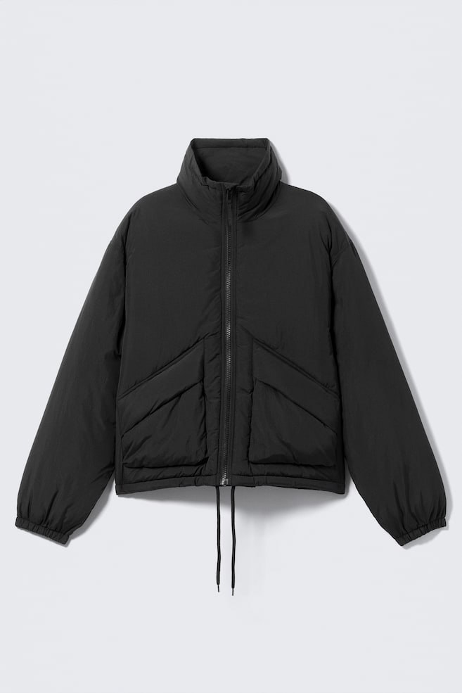 Drawstring Nylon Puffer Jacket - Black - 1