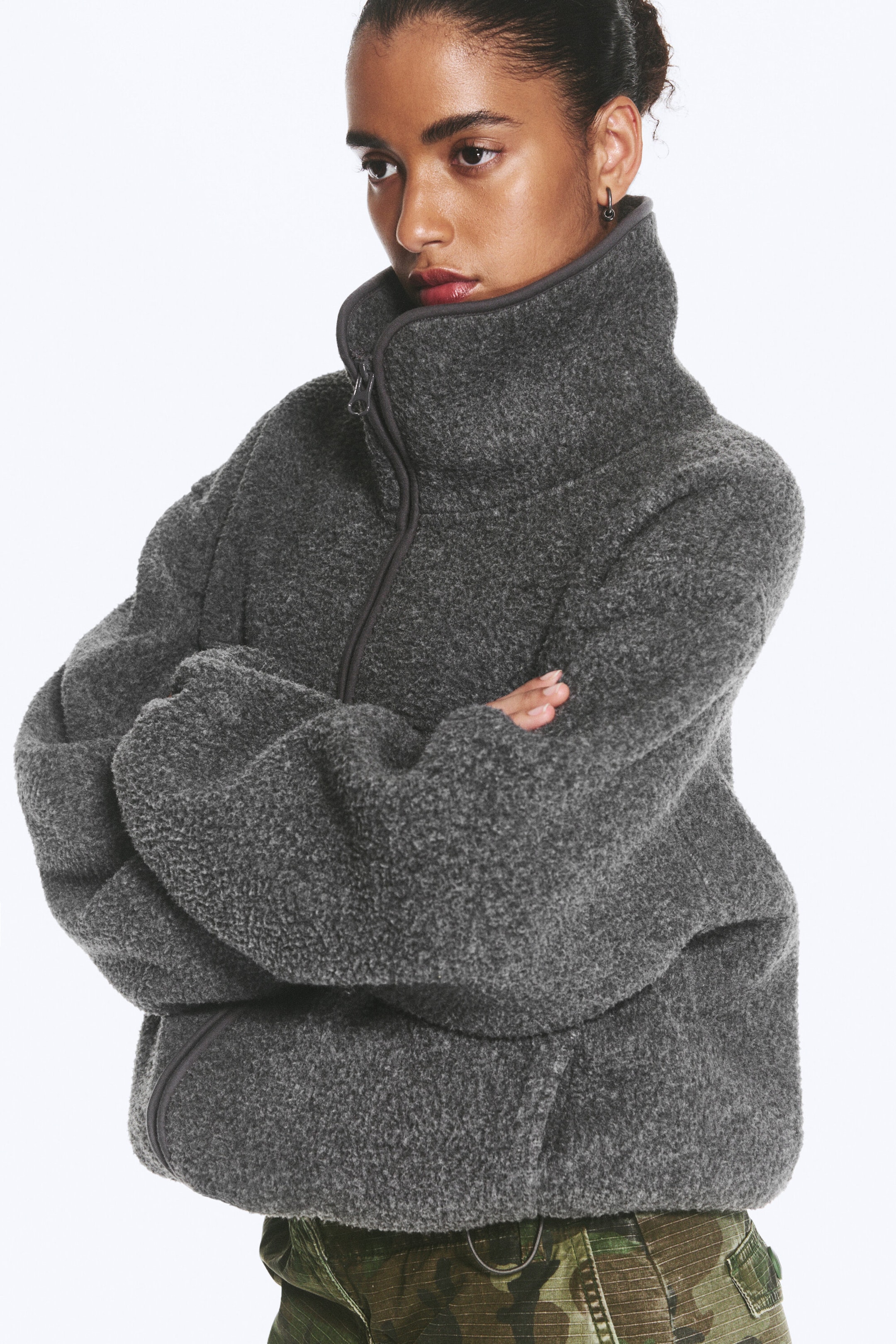 Dark Grey Melange - Funnel neck pile jacket - 3