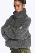 Dark Grey Melange - Funnel neck pile jacket - 3