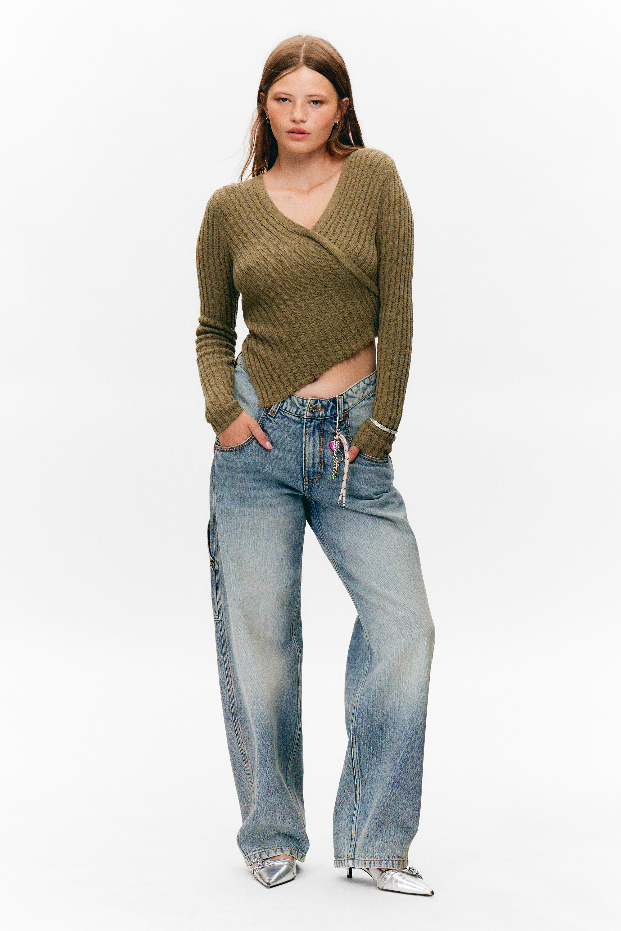 Dark Khaki Green - Knitted Wrap-shaped Asymmetric V-neck Sweater - 2