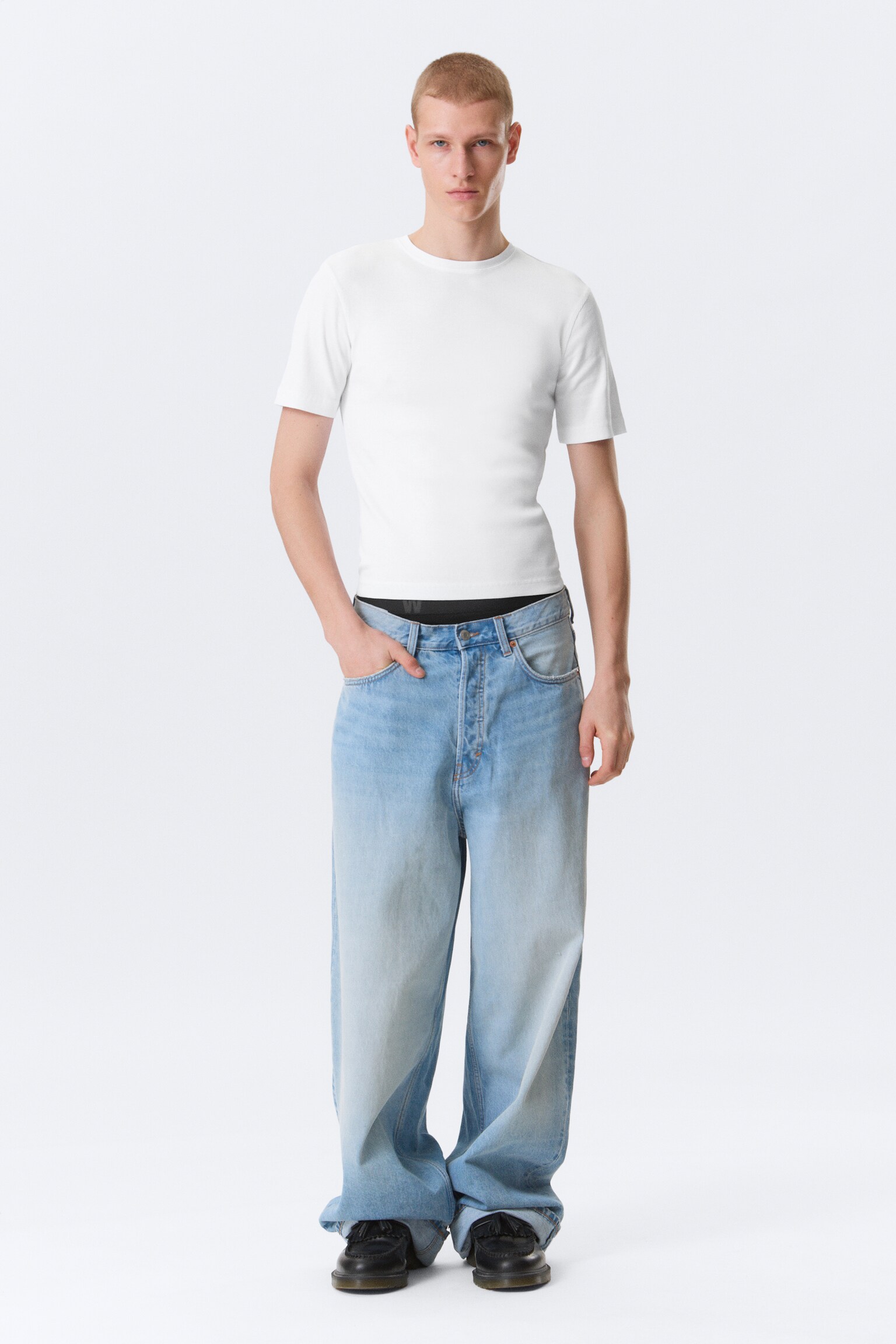 T-shirt côtelé classique en coton ajusté - Blanc/Noir - 5