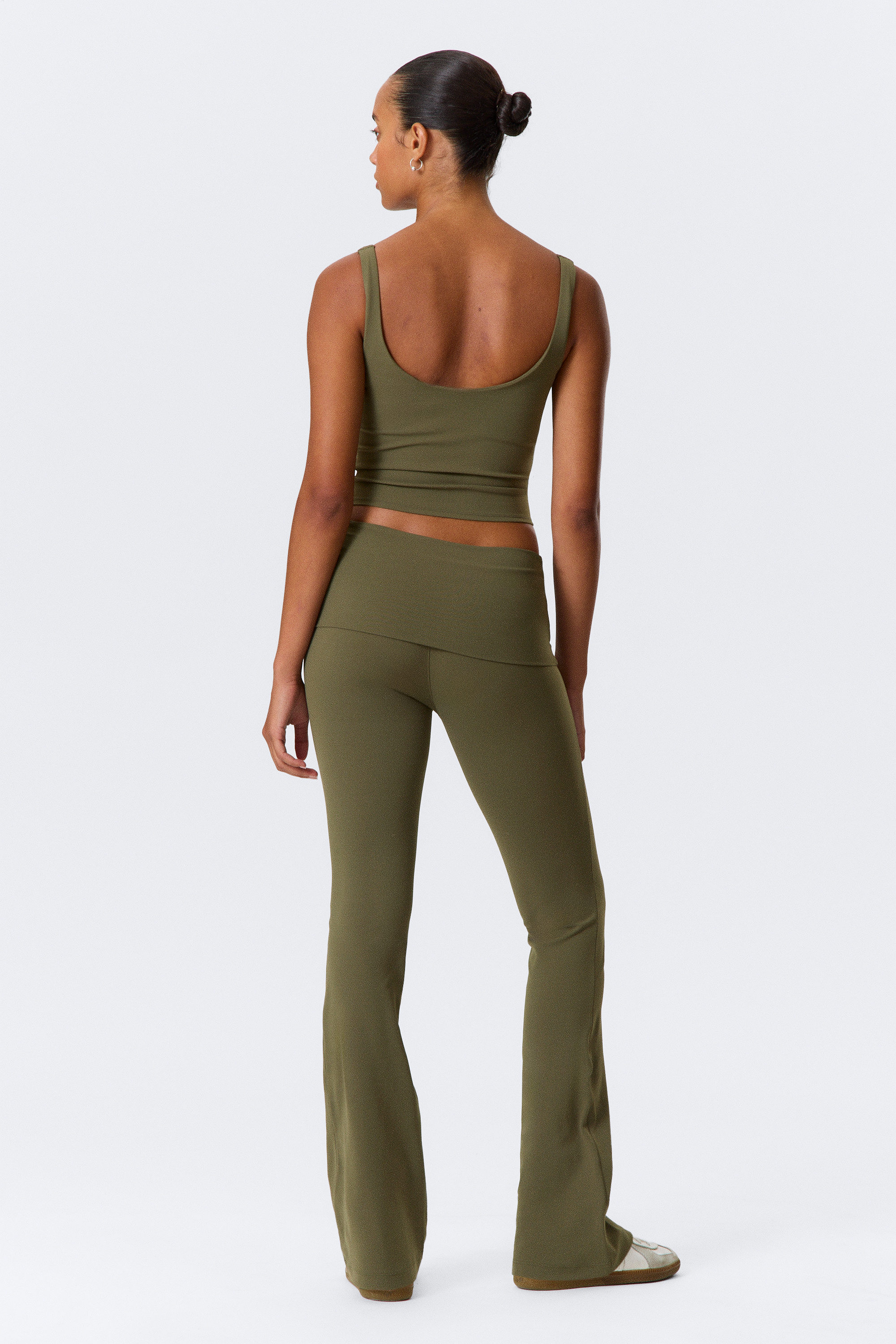Dark Khaki Green - Folded Waist Flared Yoga Tights - 3