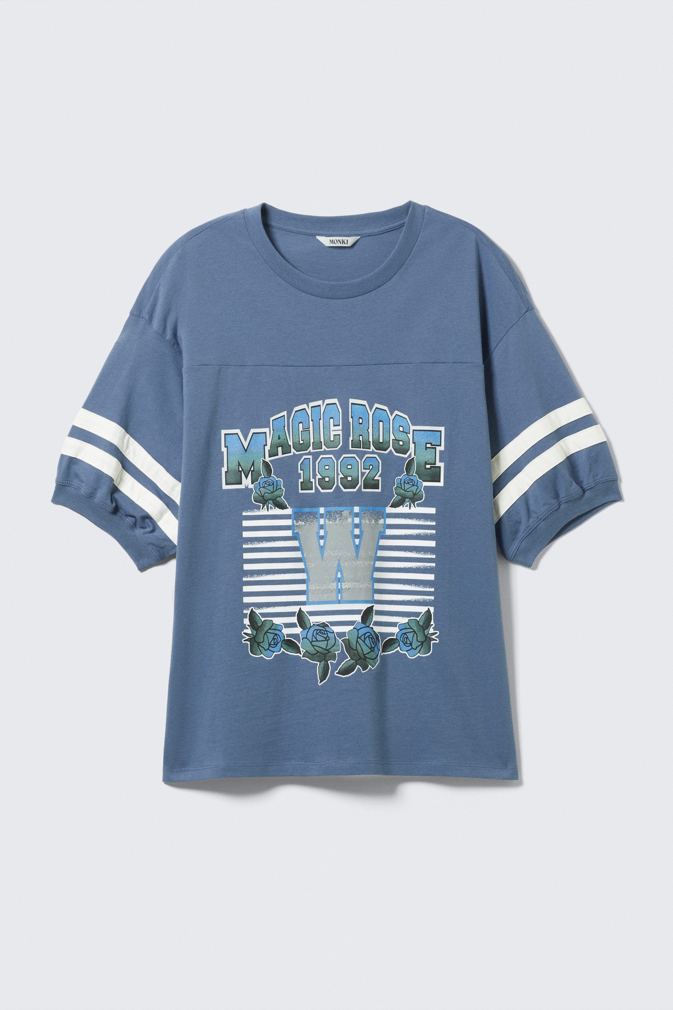 Dusty Blue - Magic Rose - Graphic Short-Sleeved Varsity T-shirt - 1