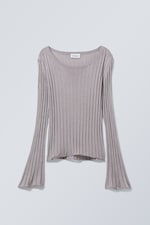 Light Grey - Enora Sheer Knit Long Sleeve Top - 0