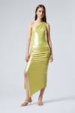 Shiny Yellow - Overlap Draped Asymmetric Midi Dress - 0