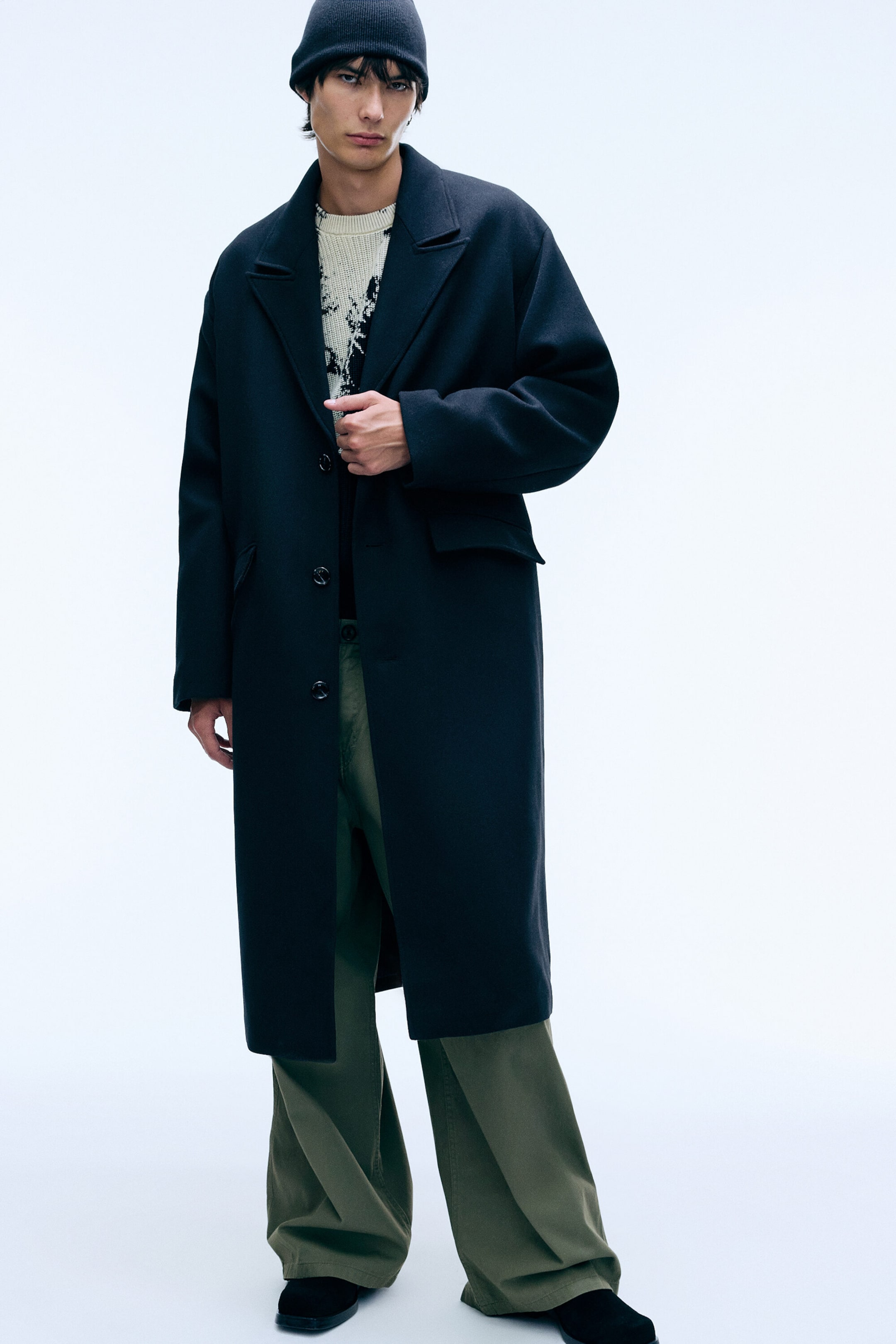 Black - Oversized Single-Breasted Wool Blend Coat - 1