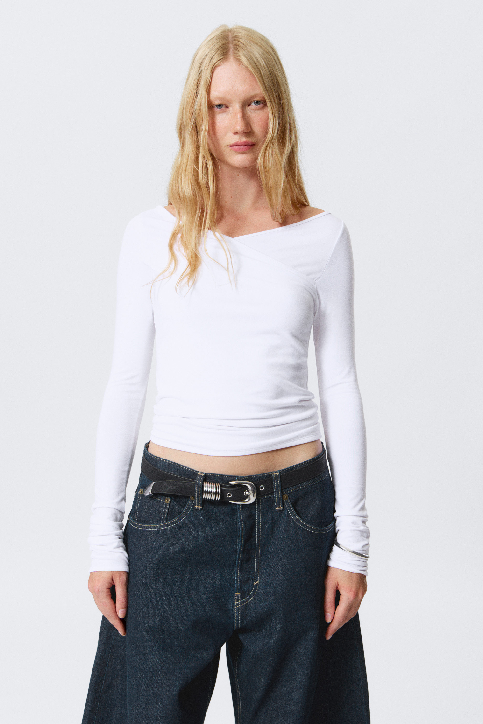 White - Slim Long-Sleeved Wrap Top - 1