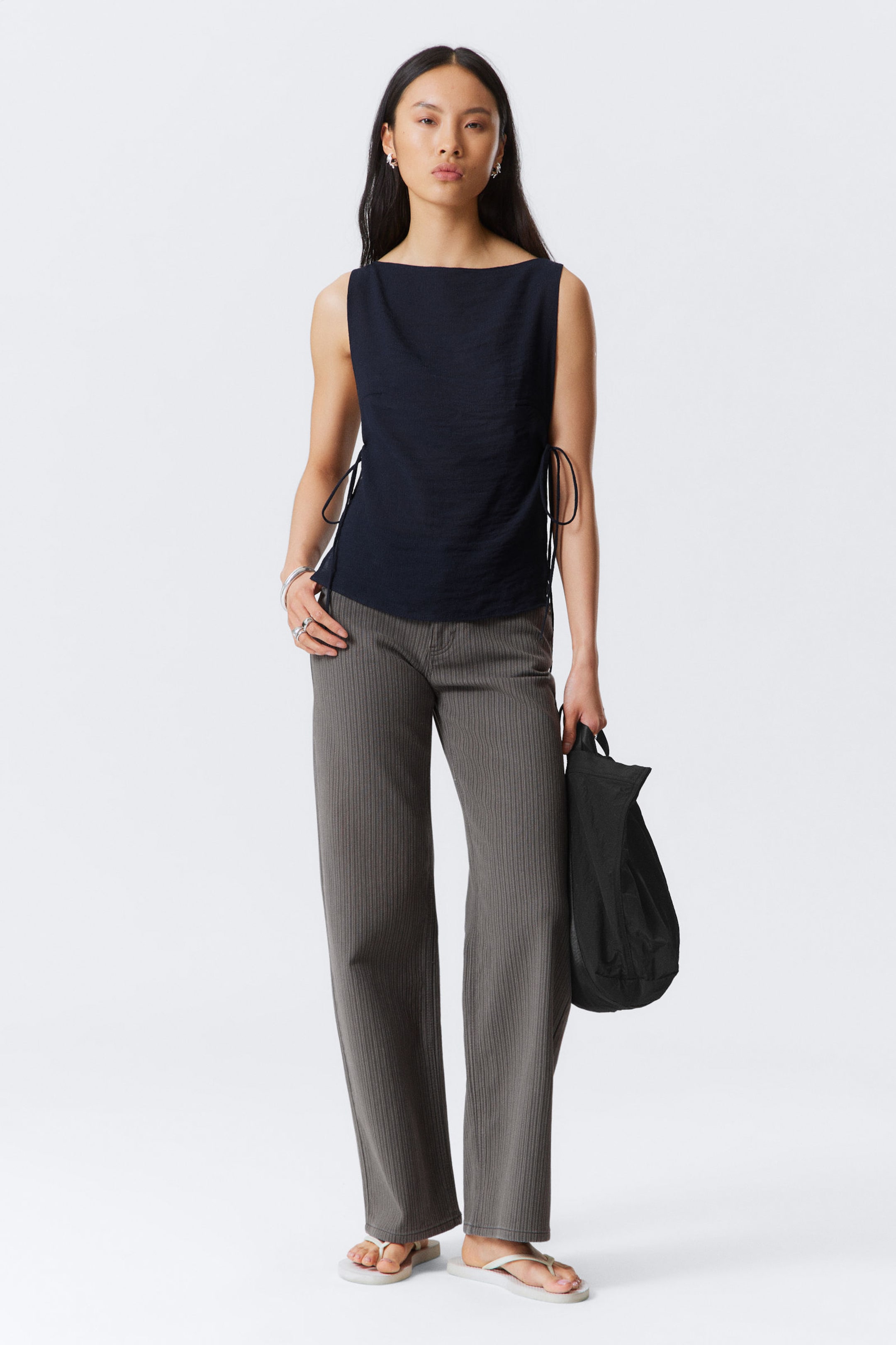 #3B3D4B - Sleeveless Boat-Neck Tie Top - 2
