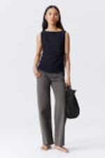 Navy Blue - Sleeveless Boat-Neck Tie Top - 1