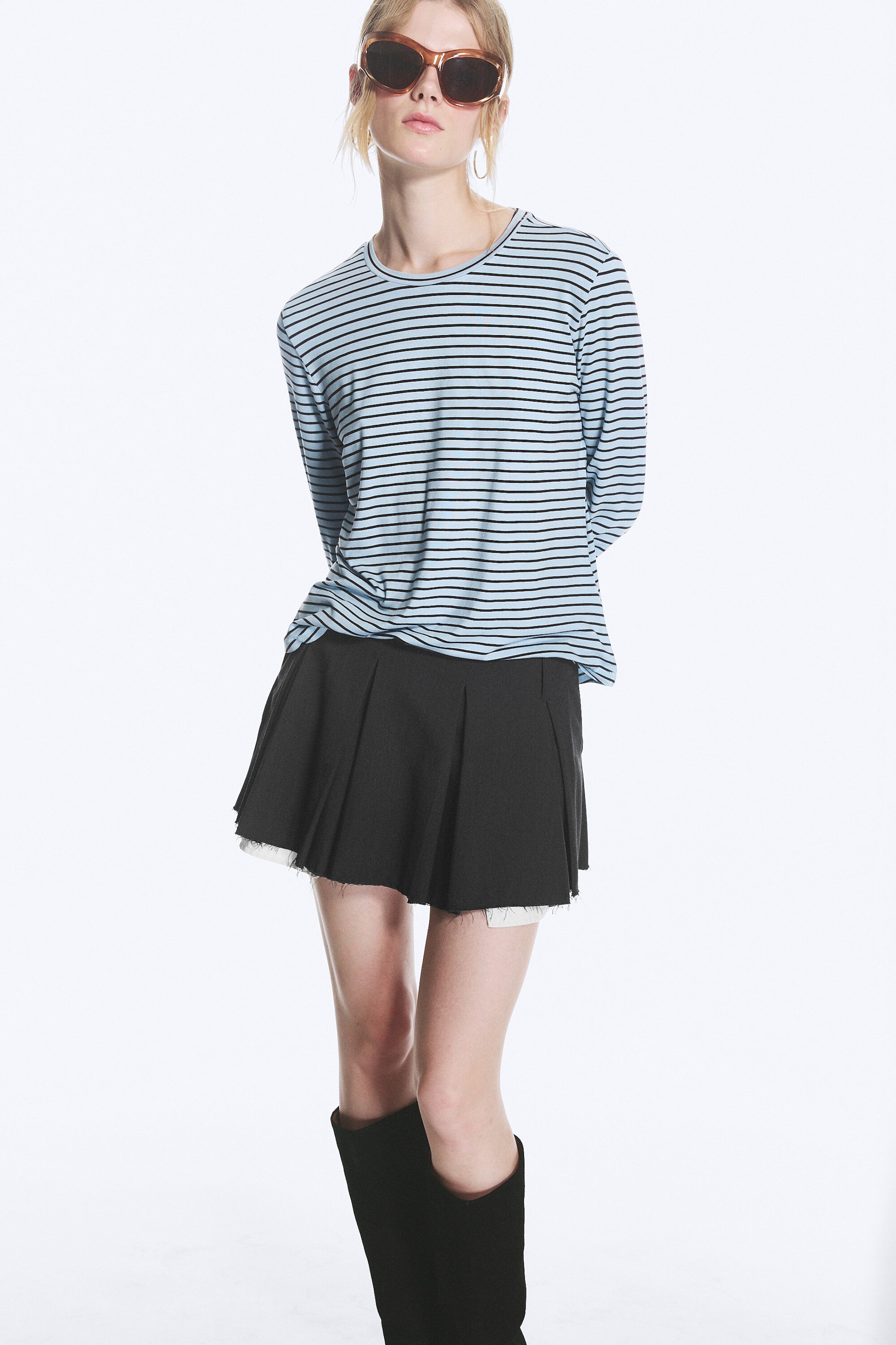 Dark Grey Melange - Pleated Mini Suiting Skirt - 1