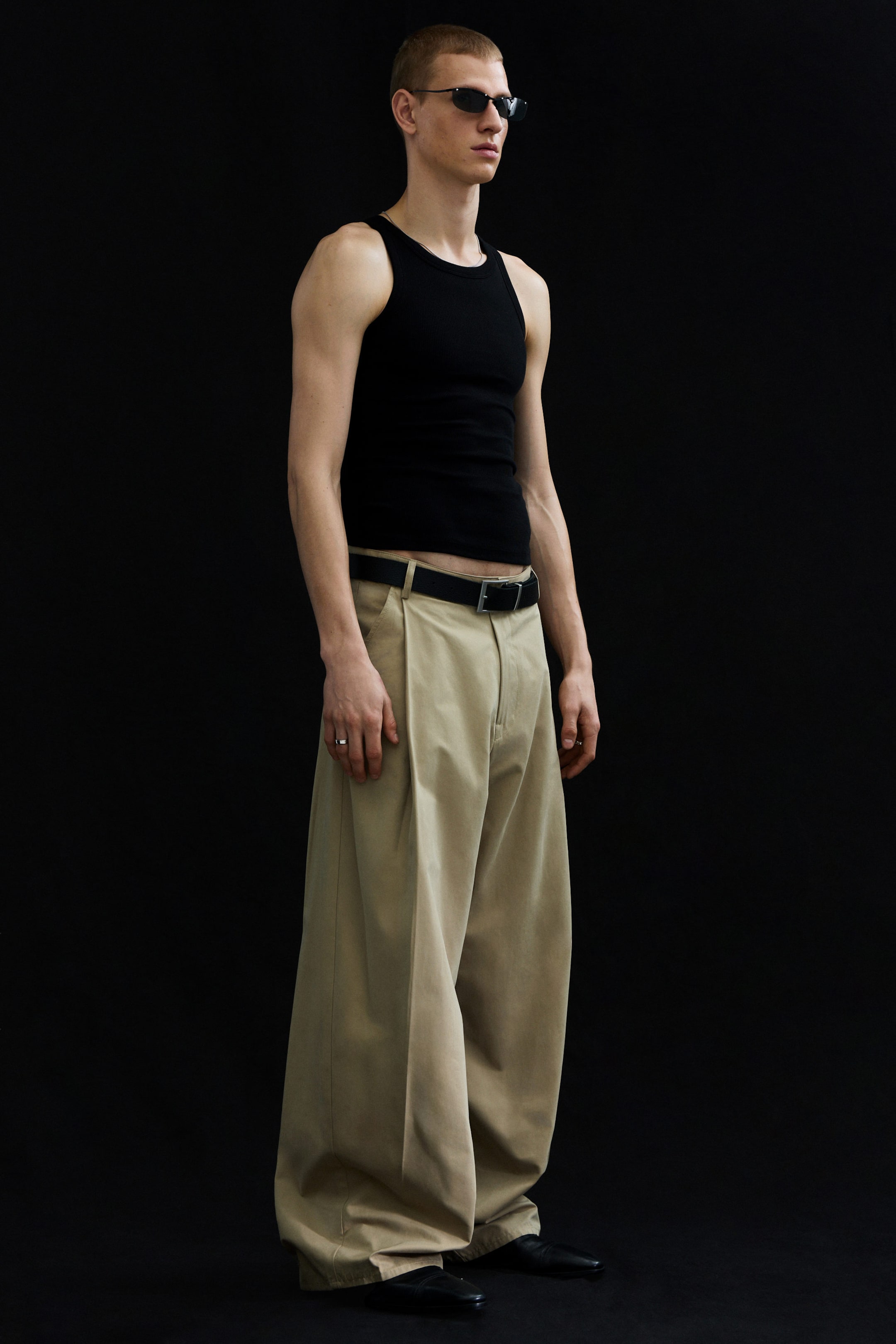 Beige - Pleated Loose Fit Wide Leg Trousers - 2