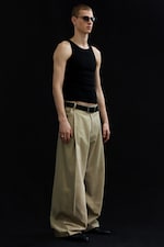 Beige - Pleated Loose Fit Wide Leg Trousers - 2