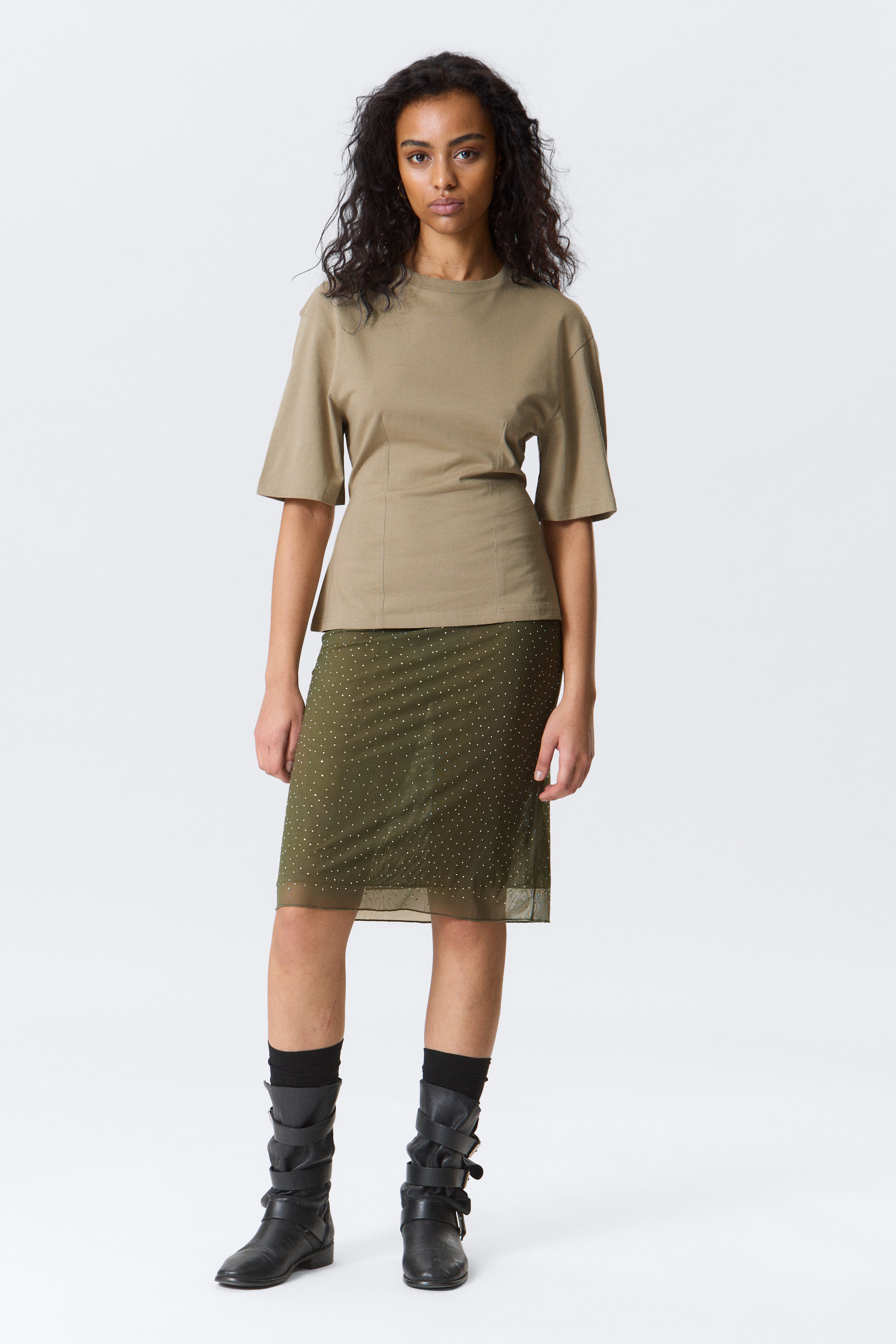 Light Khaki Green - Fitted Dart Detail T-shirt - 1