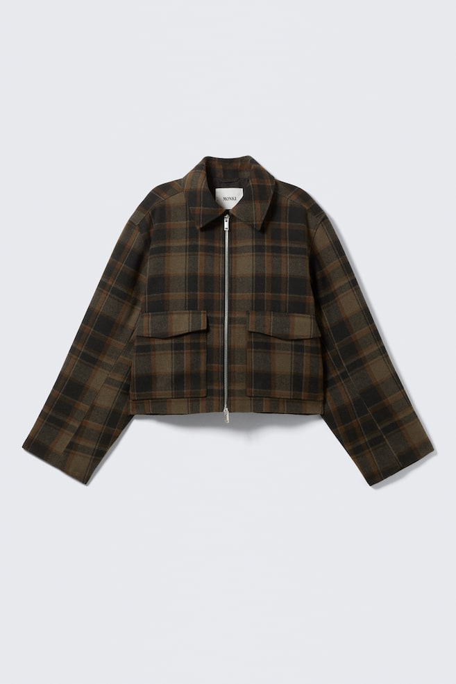 Veste zippée carrée courte - Carreaux marron foncé/Gris foncé chiné - 1