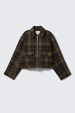 Dark Brown Check - Cropped Boxy Zip Jacket - 8