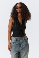 Black - Waterfall Drape Halter Top - 1