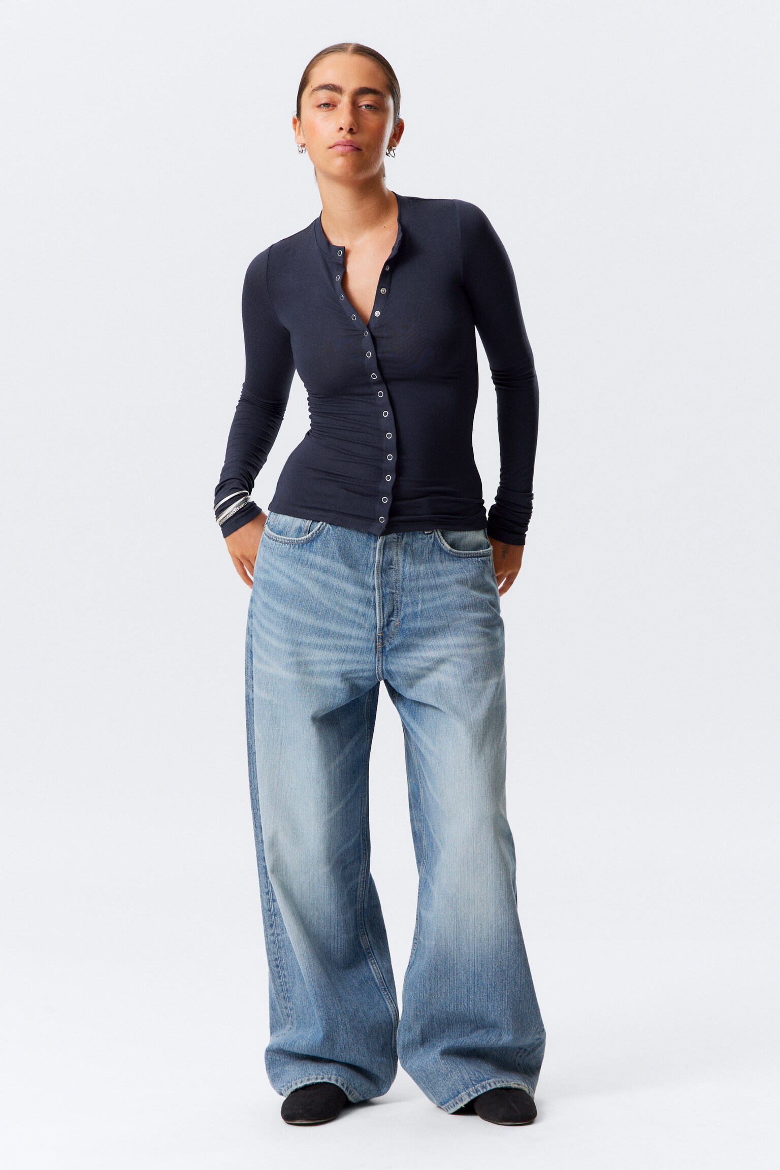 Slim Long-Sleeved Buttoned Cardigan - Mörkblå/Vit - 6
