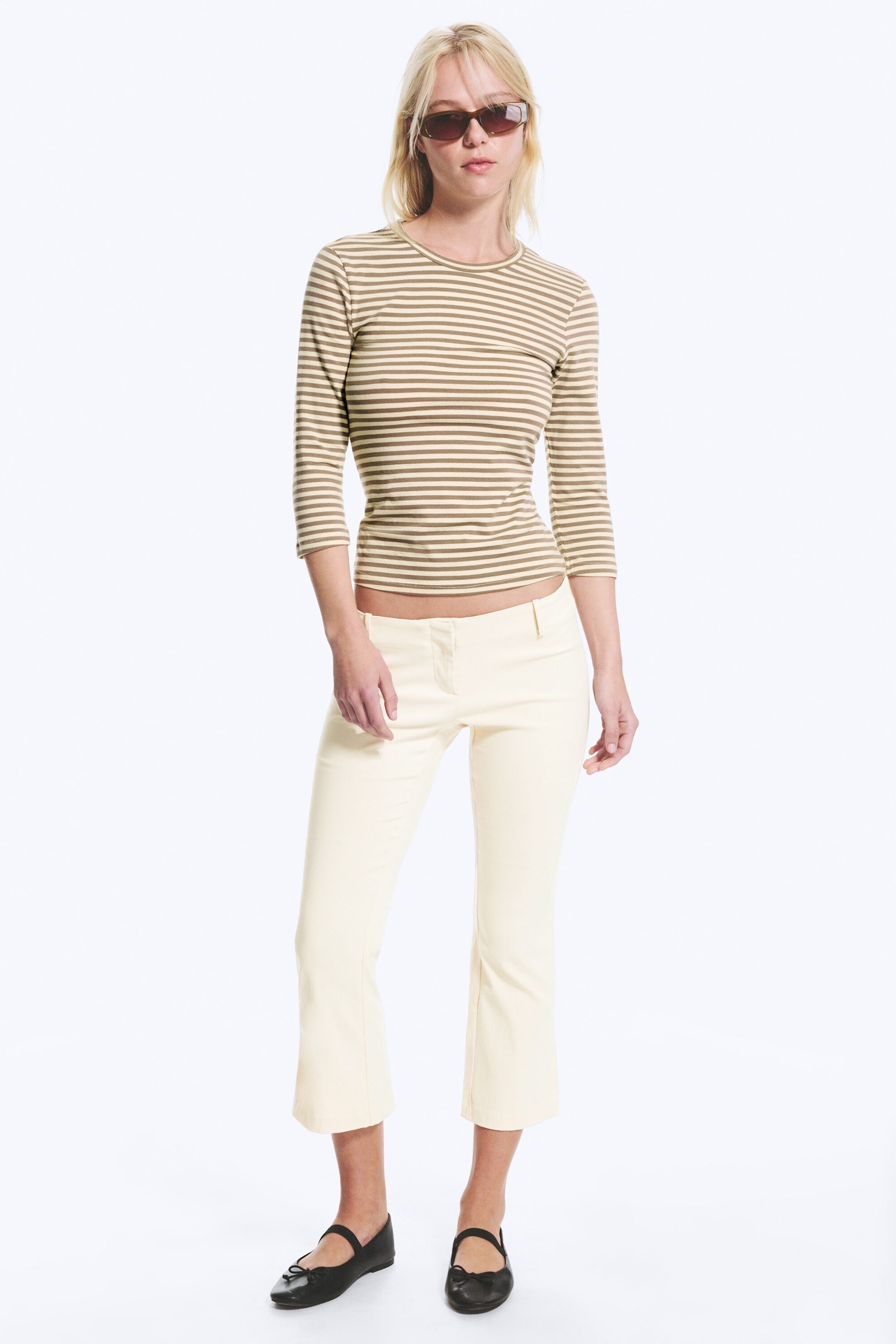 Striped Yellow/Mole - Round Neck Three-Quarter Sleeve Top - 1