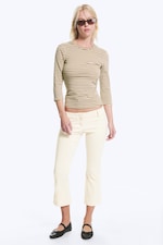 Striped Yellow/Mole - Round Neck Three-Quarter Sleeve Top - 1