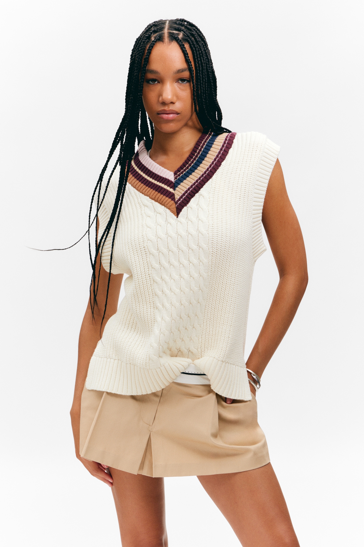V-Neck Cable Knit Cotton Vest - White - Contrast Collar