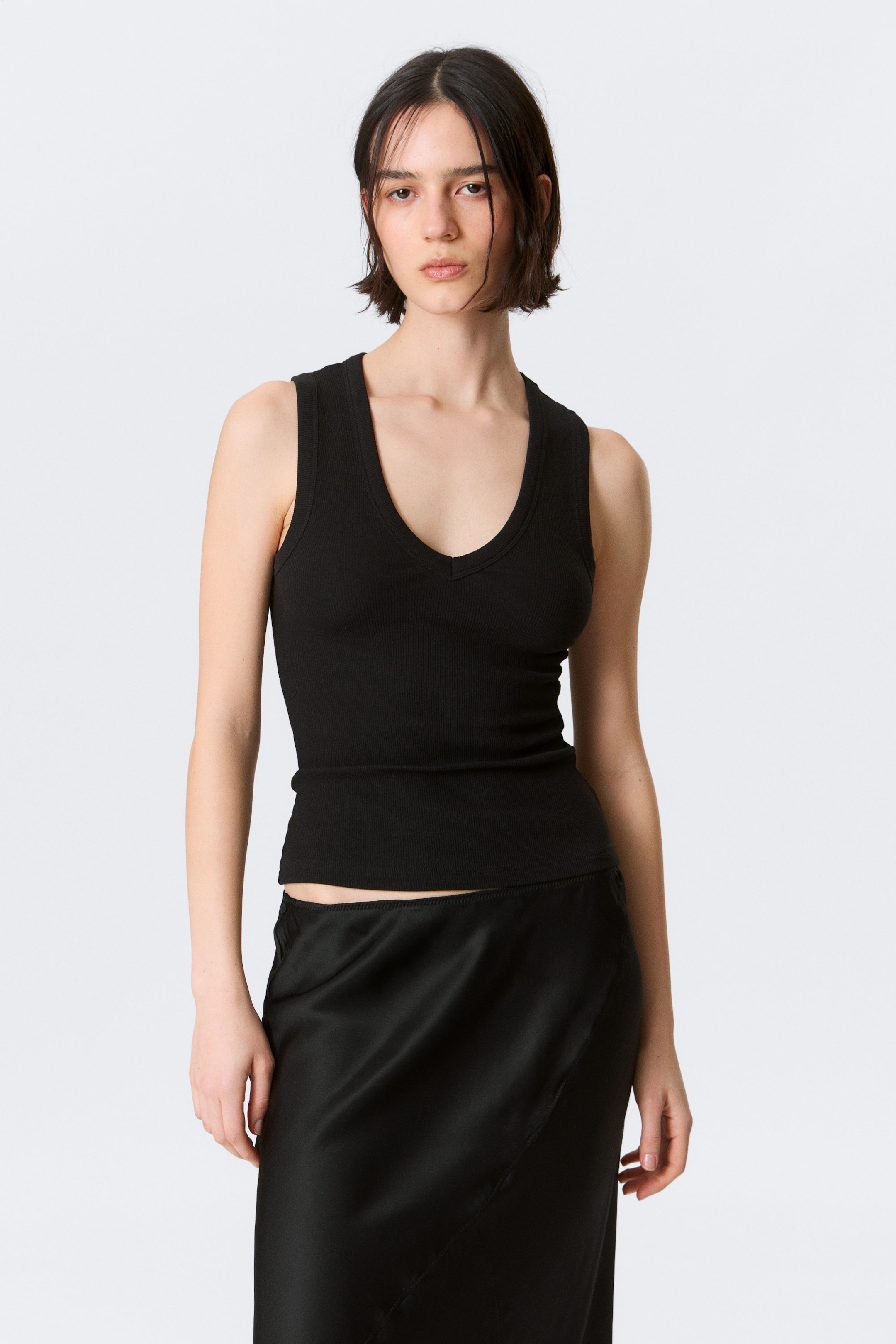 Black - Ribbed V-neck Tank Top - 1
