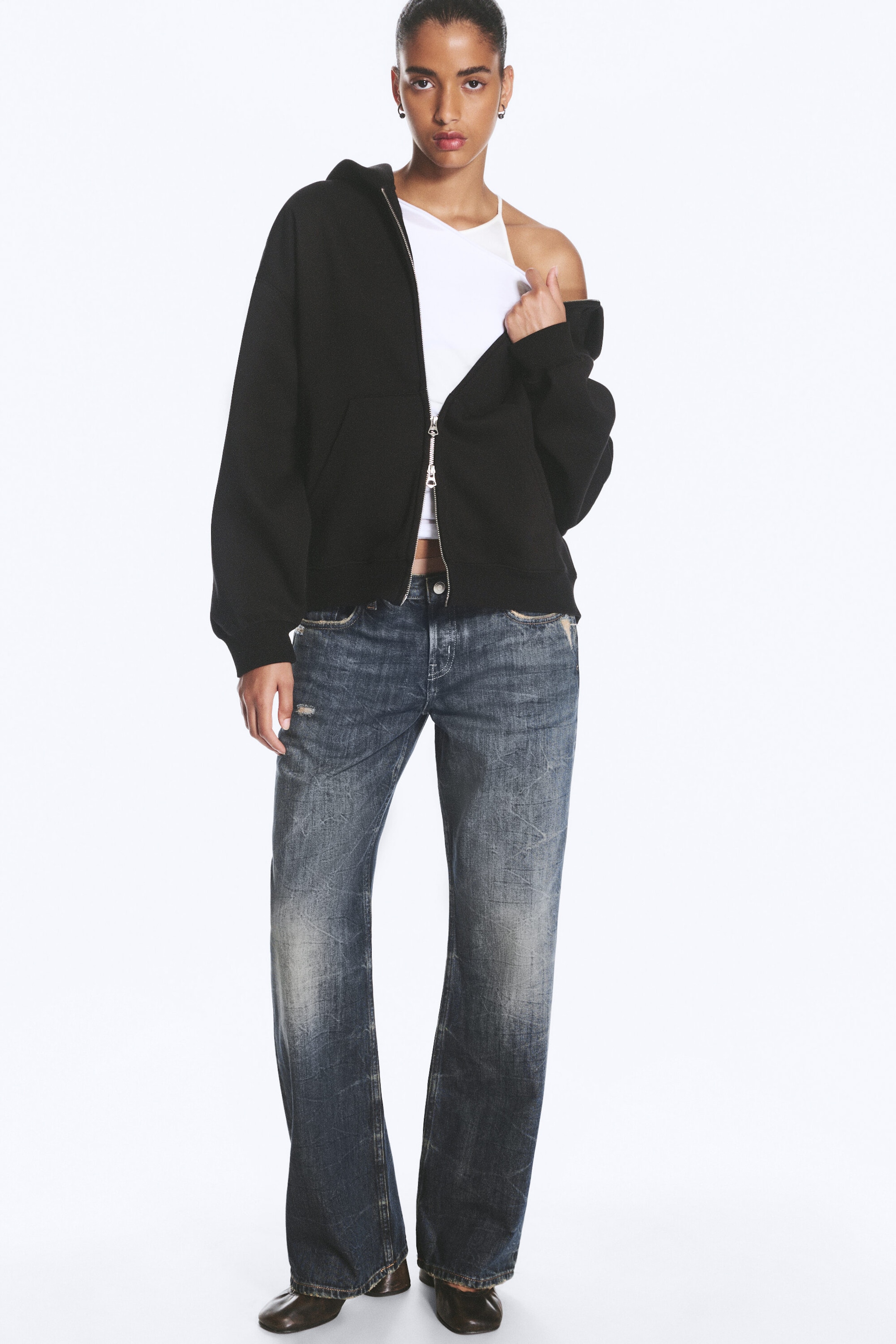 Svart - Oversized kraftig hoodie med dragkedja - 2