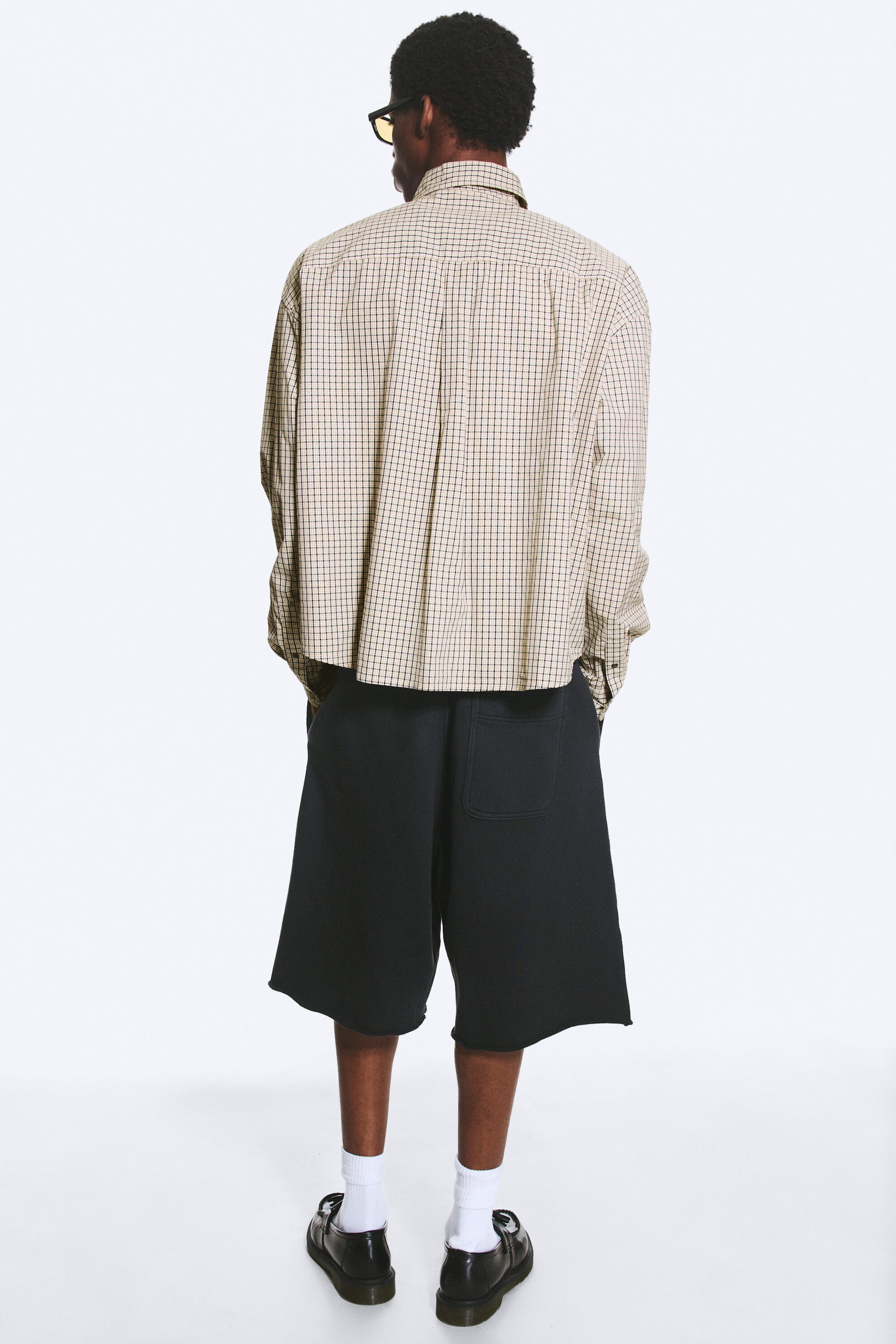 Beige Check - Boxy Long-Sleeved Cotton Poplin Shirt - 3