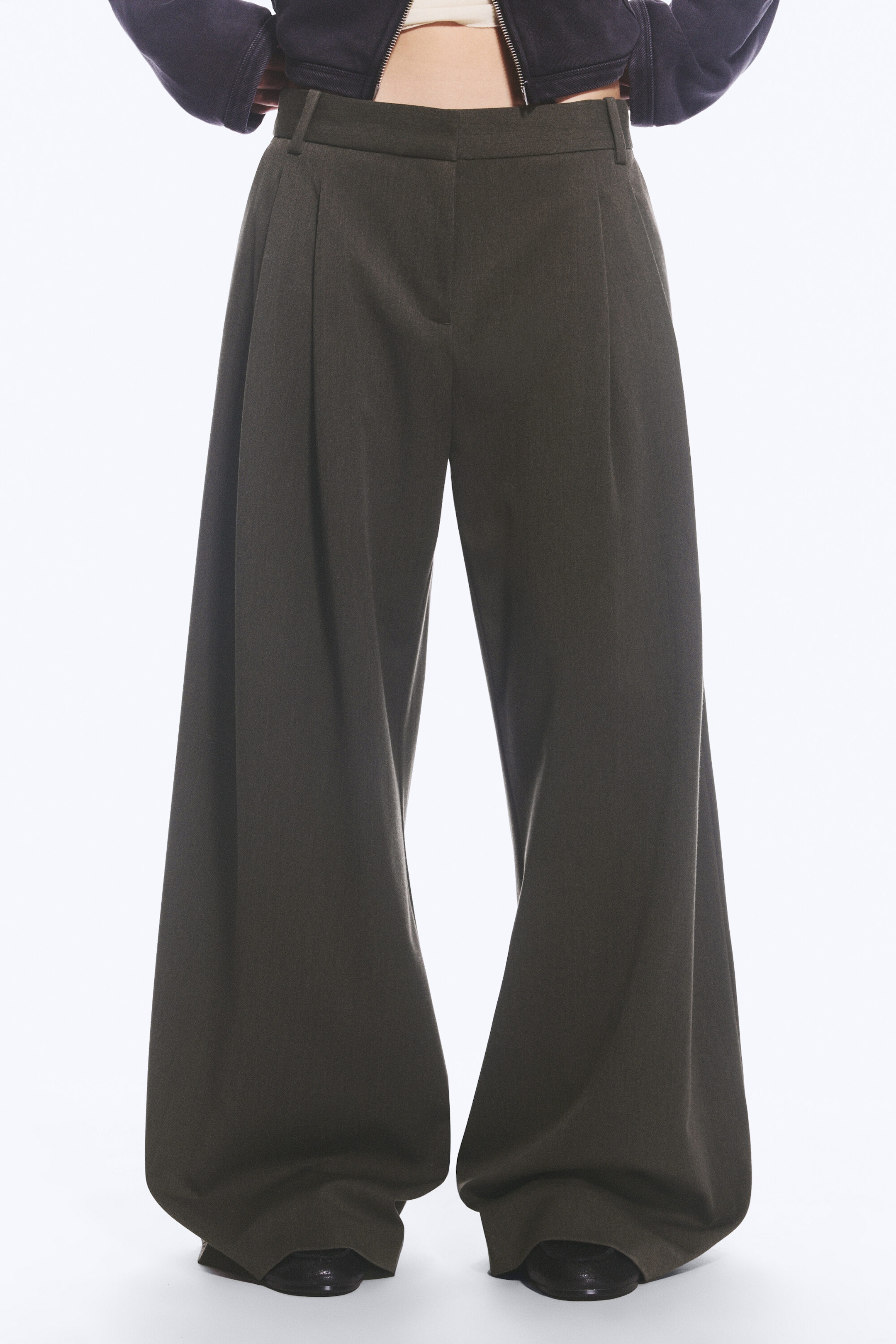 Dark Khaki Green Melange - low waist Pleated suit trousers - 4